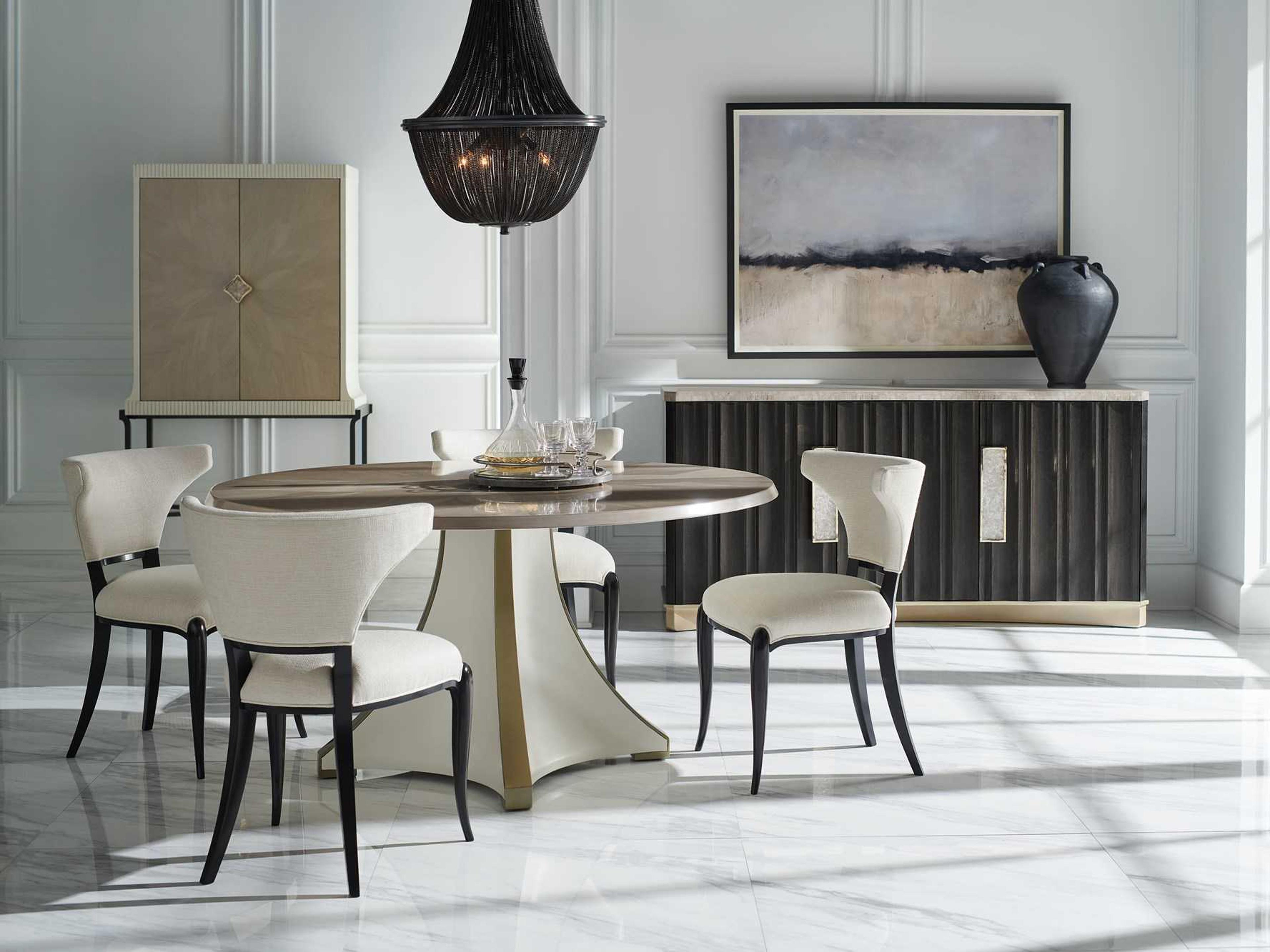 Caracole Classic Great Expectations Round Resin Moonstone Pearly White Majestic Gold Paint Dining Table