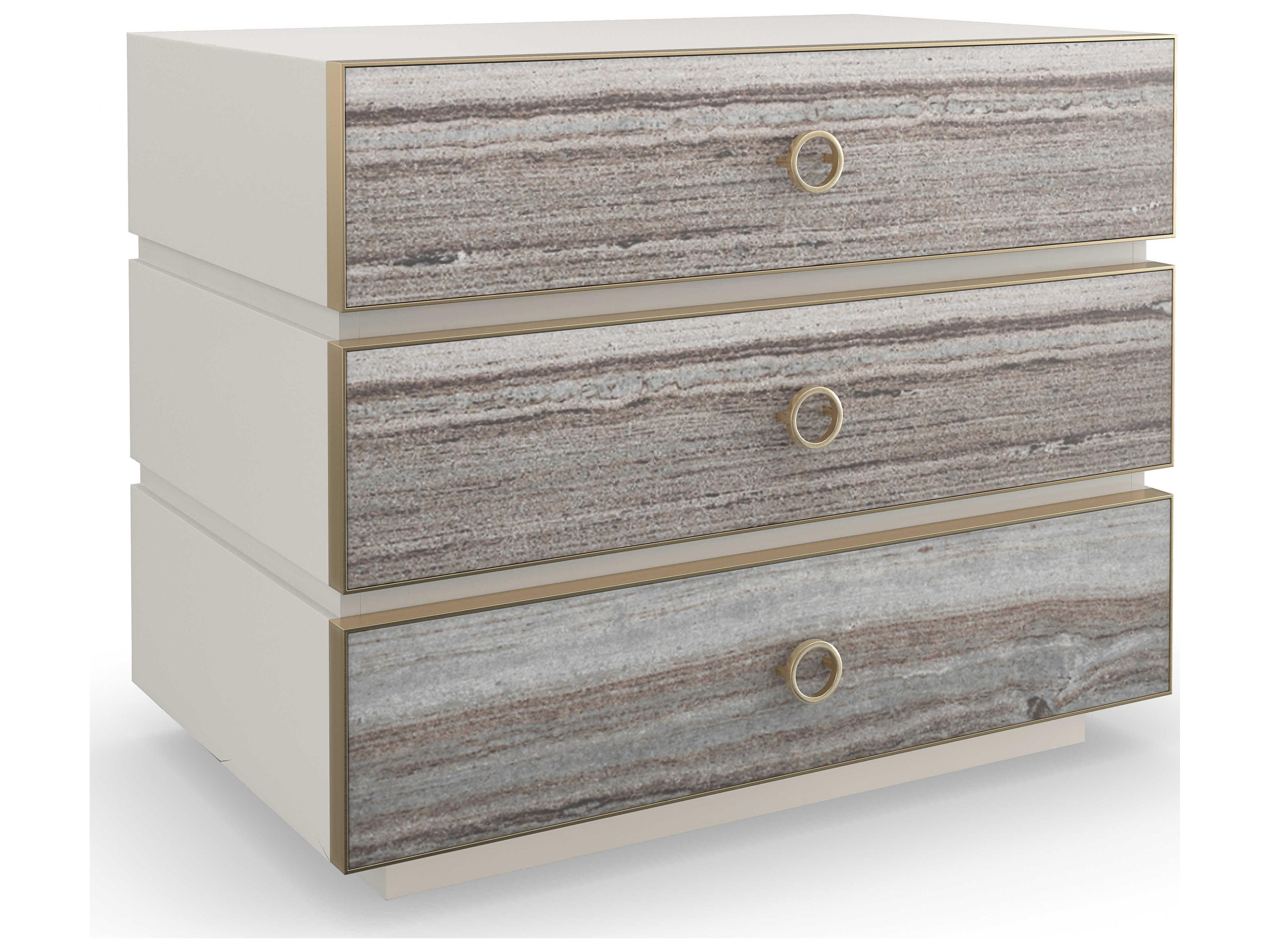 Classic Bedrock Nightstand with Stone Drawers in Almond Milk and Champagne Gold