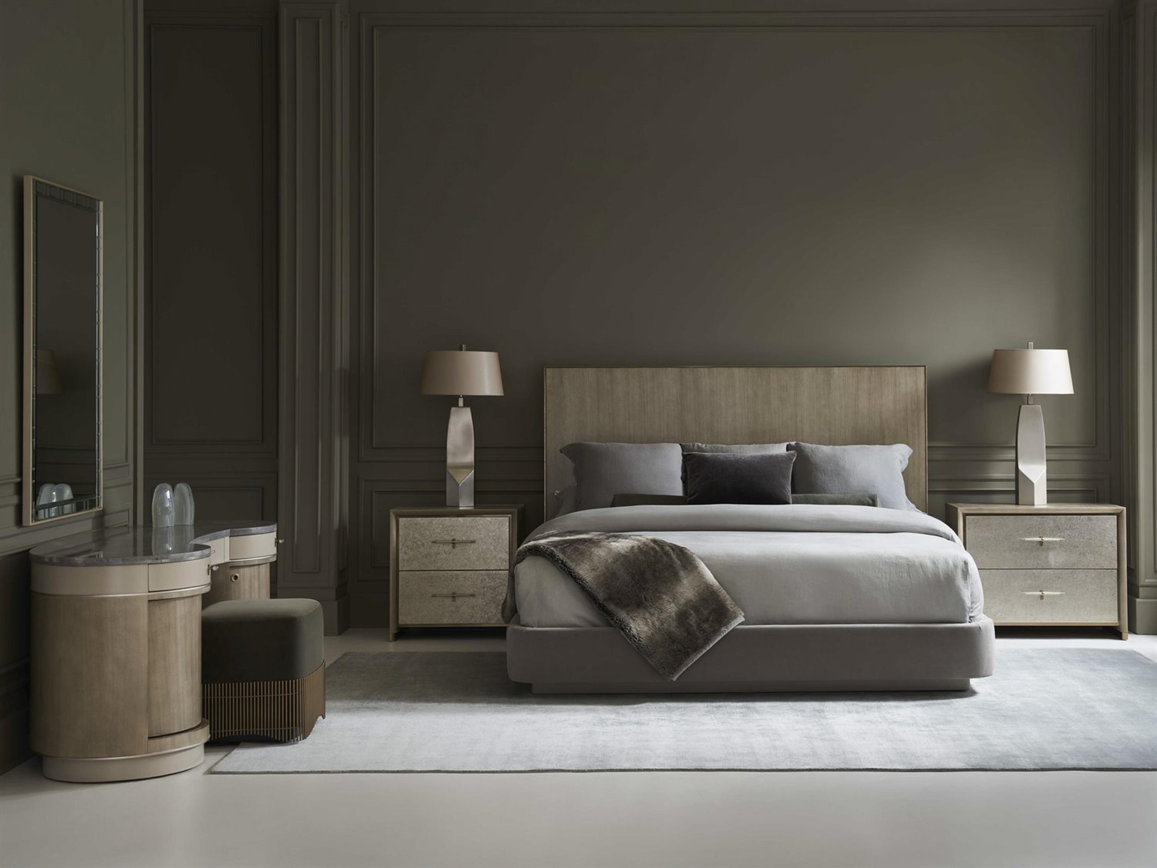 Caracole Classic Dream Chaser Dry Martini Cloud Brushed Gold Natural Poplar Wood Upholstered Queen Platform Bed