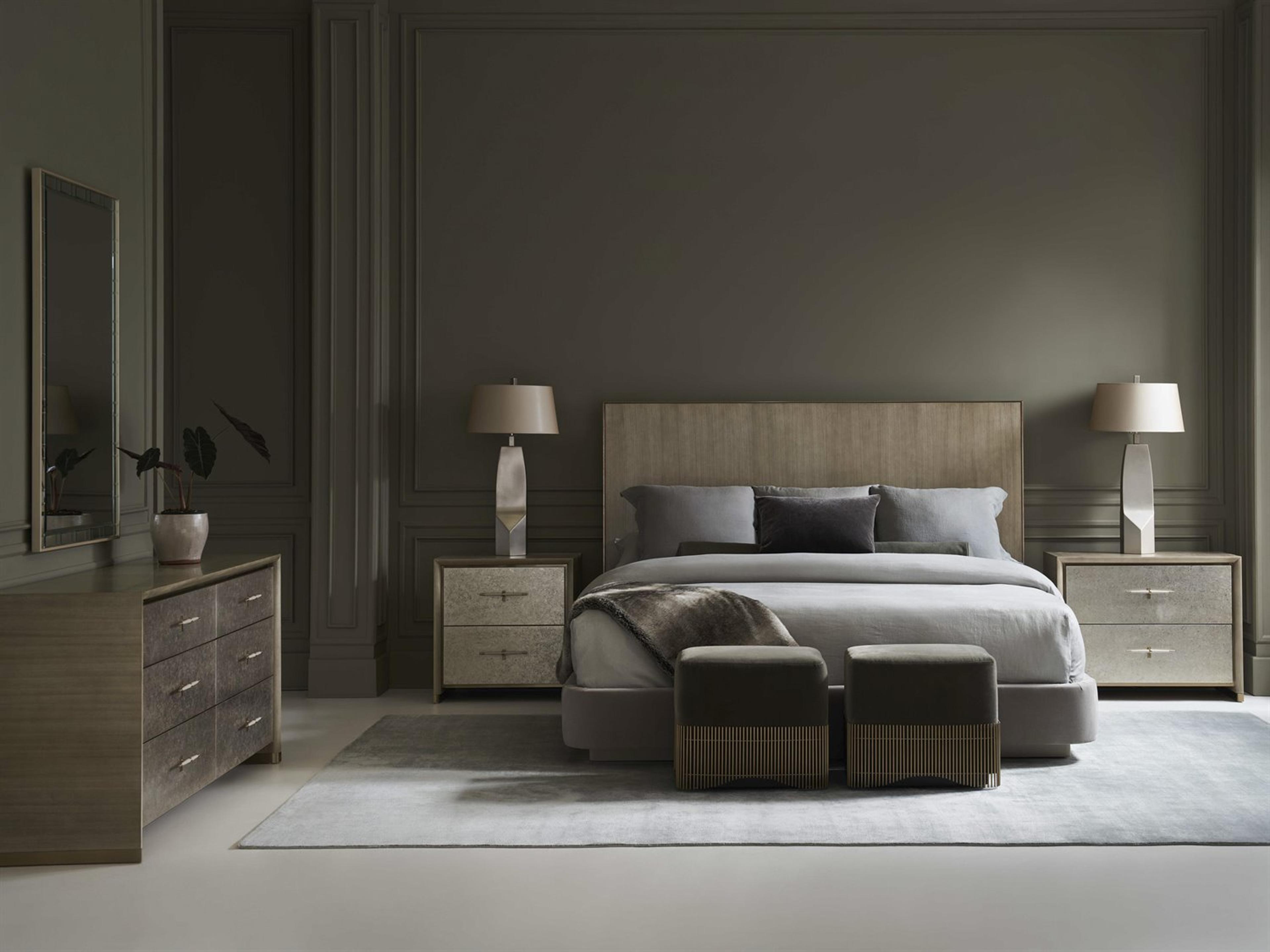 Caracole Classic Dream Chaser Dry Martini Cloud Brushed Gold Natural Poplar Wood Upholstered Queen Platform Bed