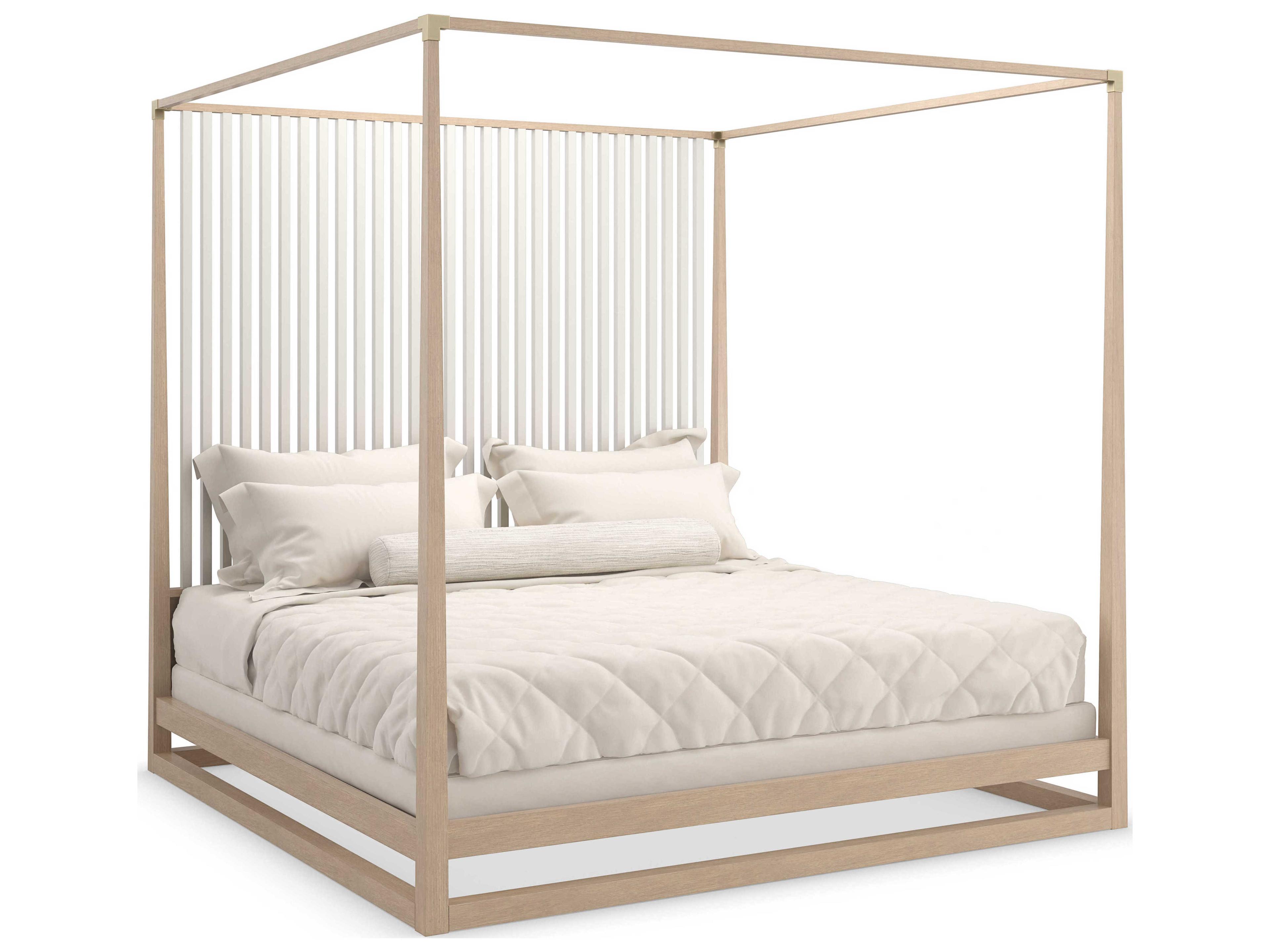 Classic Pinstripe Light Sun Drenched Oak Almond Milk Wood King Poster Bed