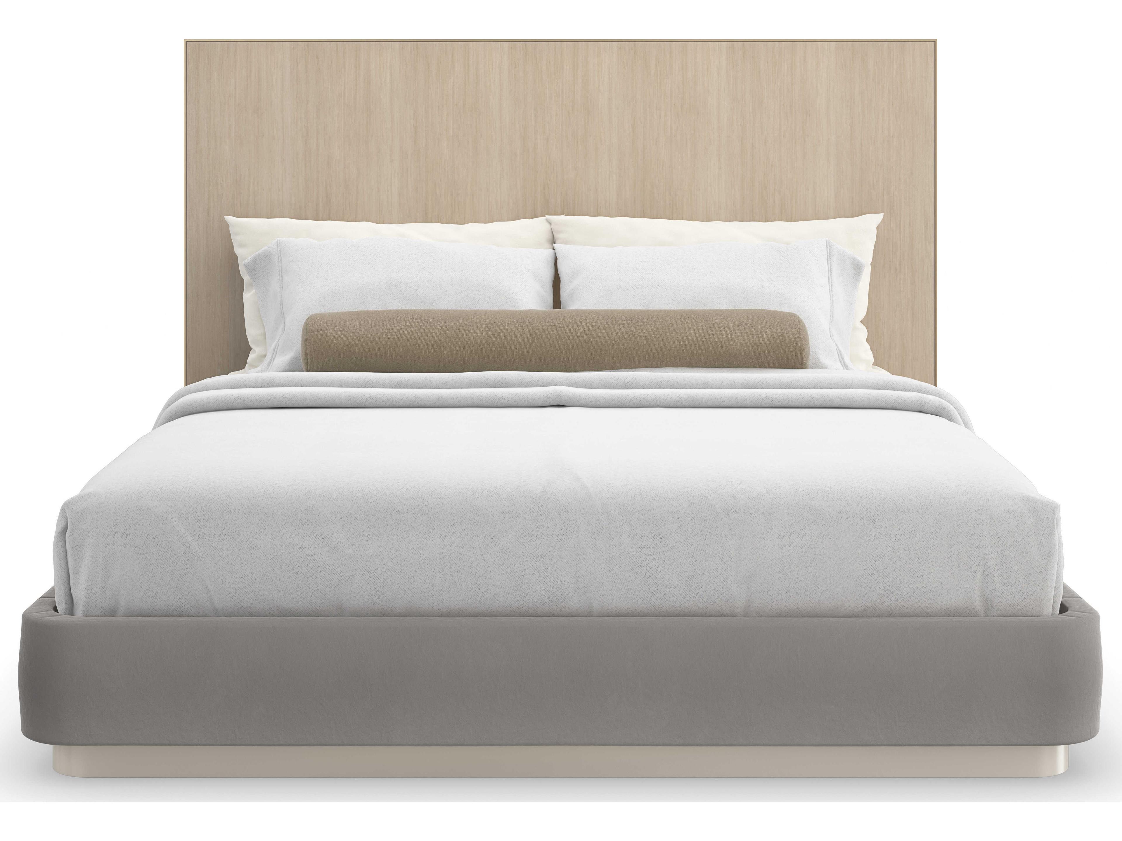 Caracole Classic Dream Chaser Dry Martini Cloud Brushed Gold Natural Poplar Wood Upholstered King Platform Bed