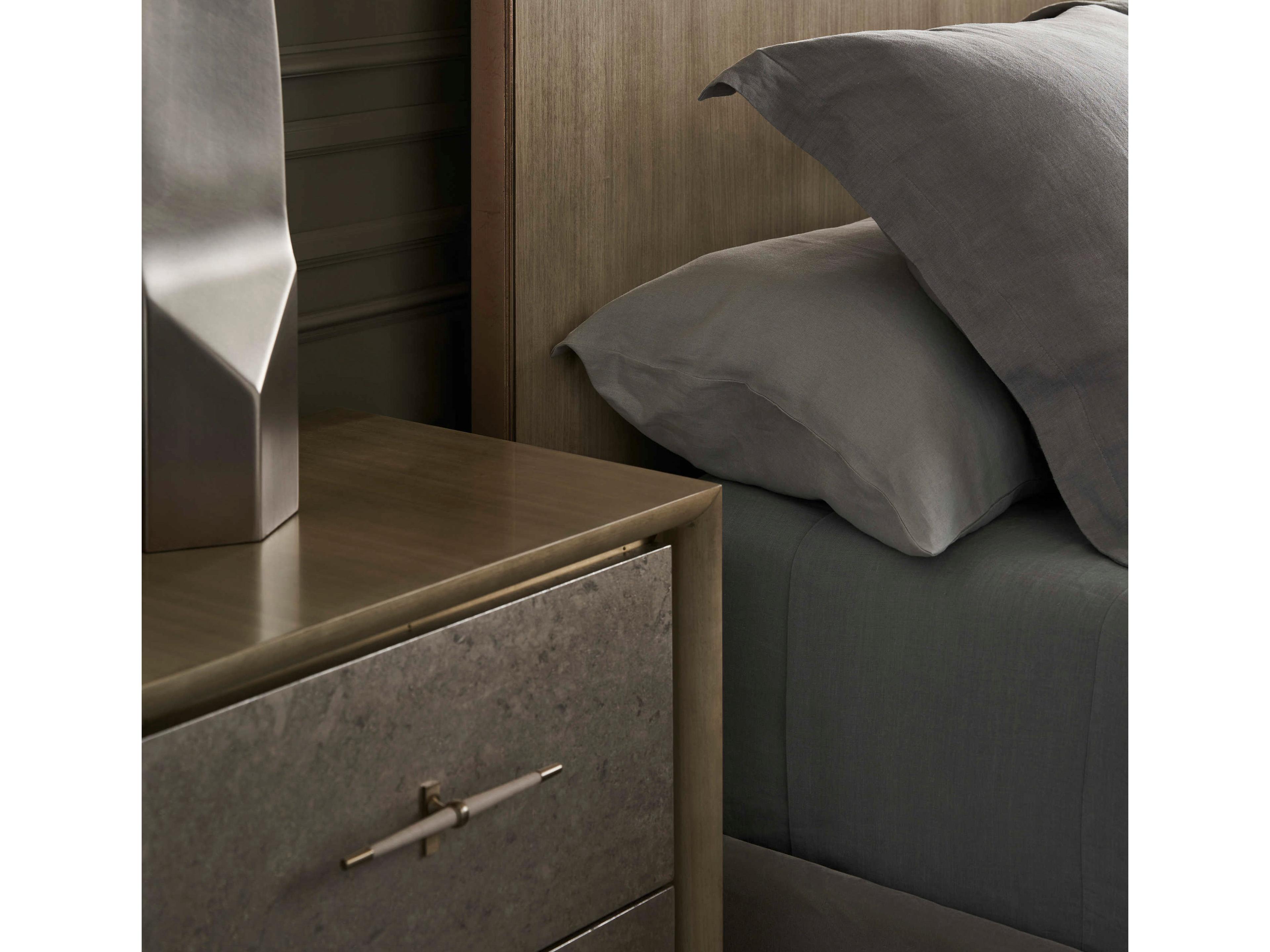 Caracole Classic Dream Chaser Dry Martini Cloud Brushed Gold Natural Poplar Wood Upholstered King Platform Bed