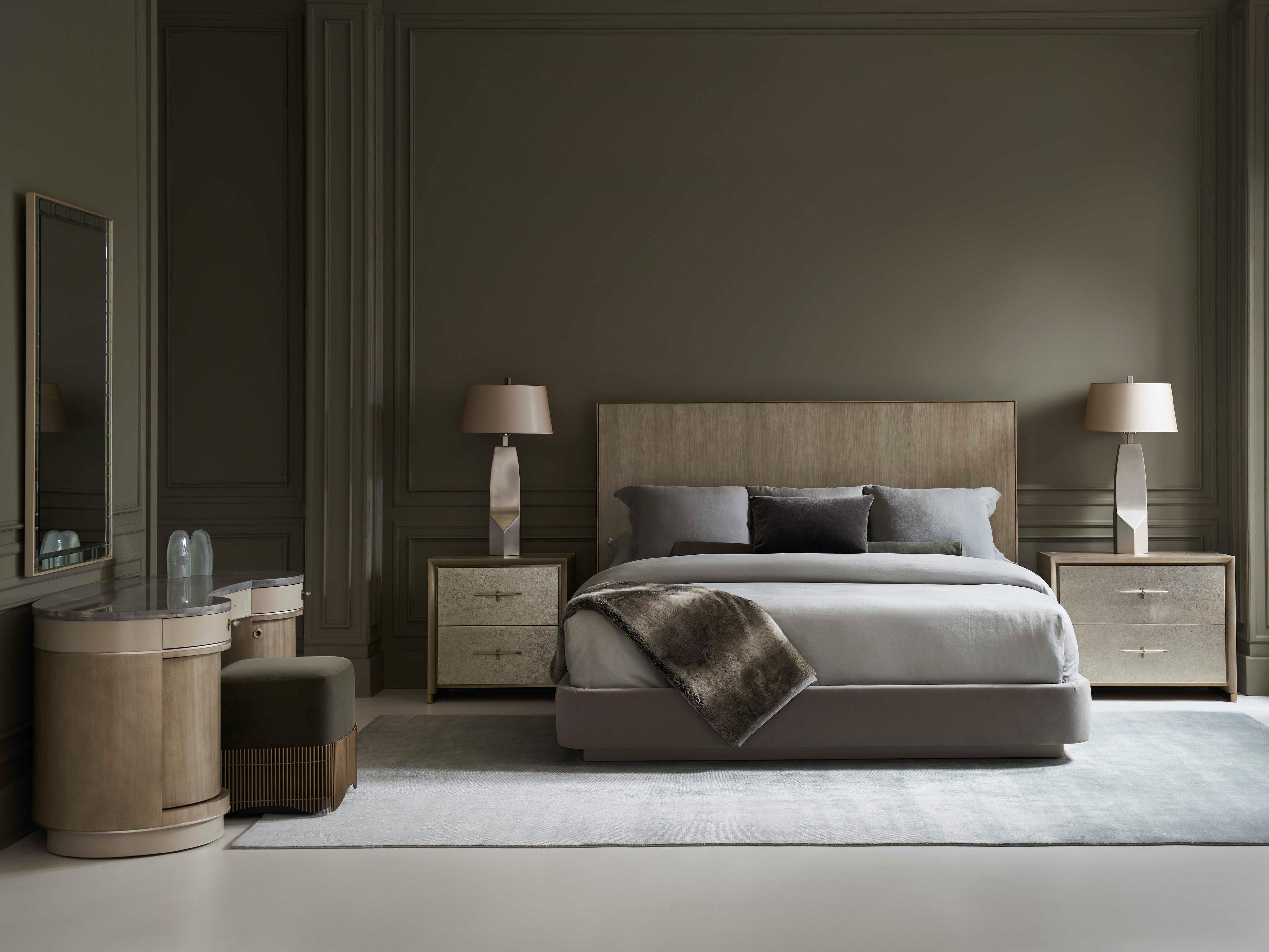 Caracole Classic Dream Chaser Dry Martini Cloud Brushed Gold Natural Poplar Wood Upholstered King Platform Bed