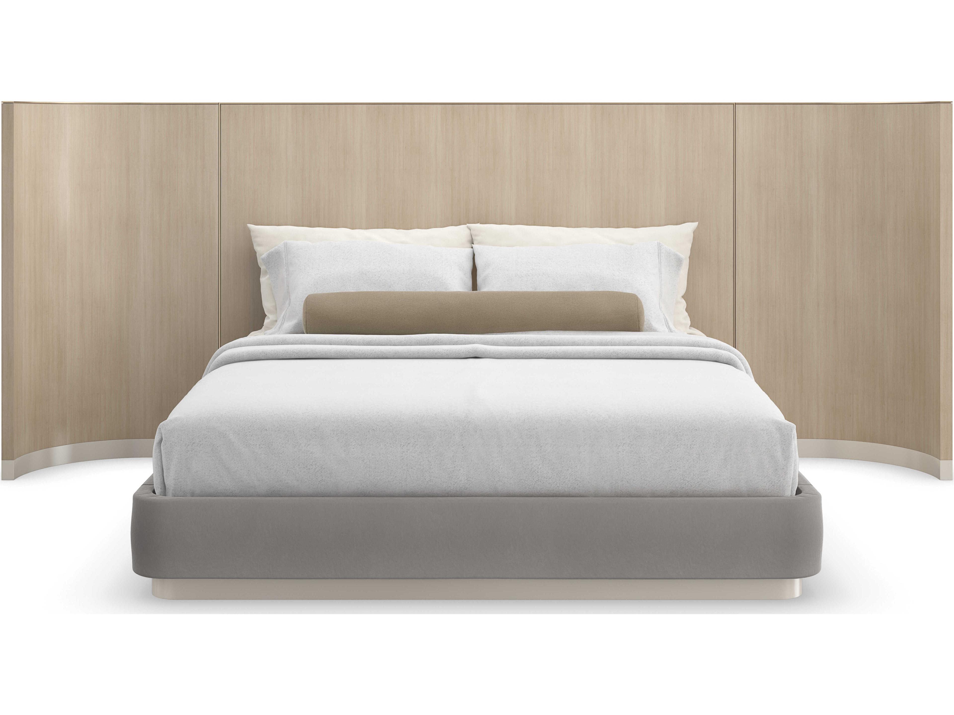 Caracole Classic Dream Chaser with Wings Dry Martini Cloud Brushed Gold Natural Poplar Wood Upholstered King Sleigh Bed