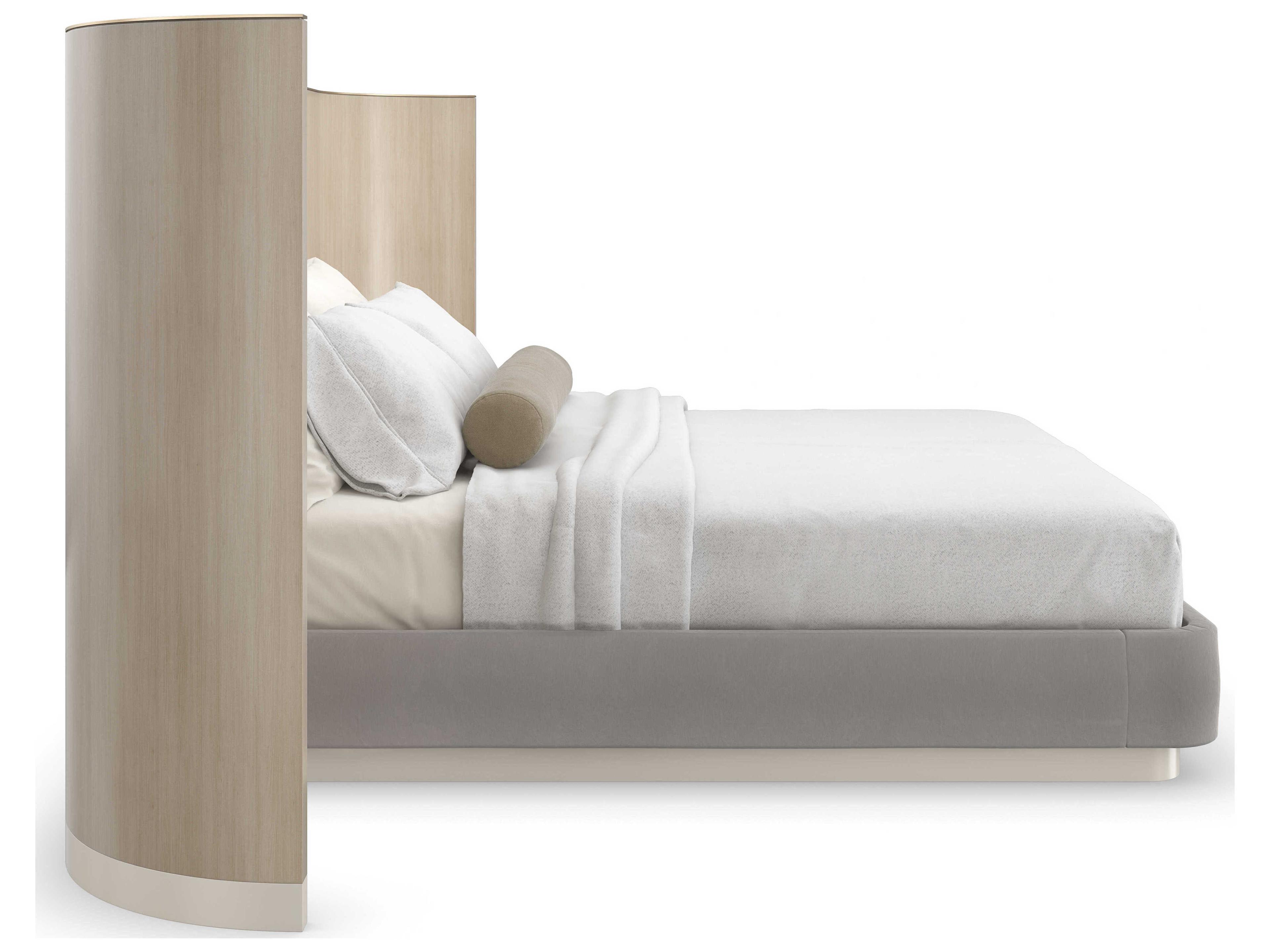 Caracole Classic Dream Chaser with Wings Dry Martini Cloud Brushed Gold Natural Poplar Wood Upholstered King Sleigh Bed