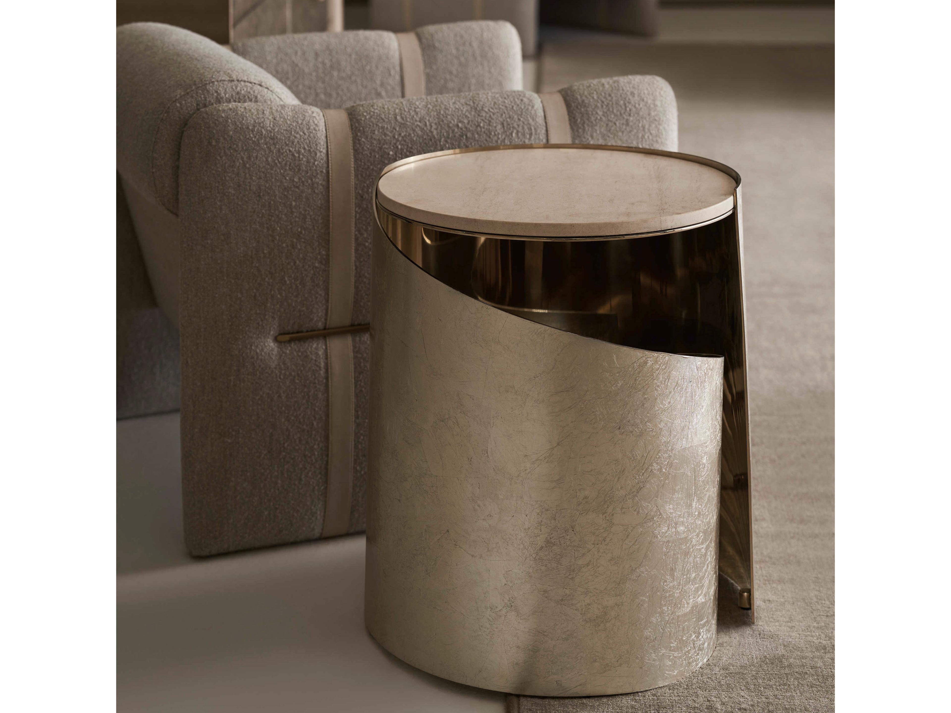 Caracole Classic Nautilus 20" Round Stone Taupe Silver Leaf Whisper Of Gold End Table