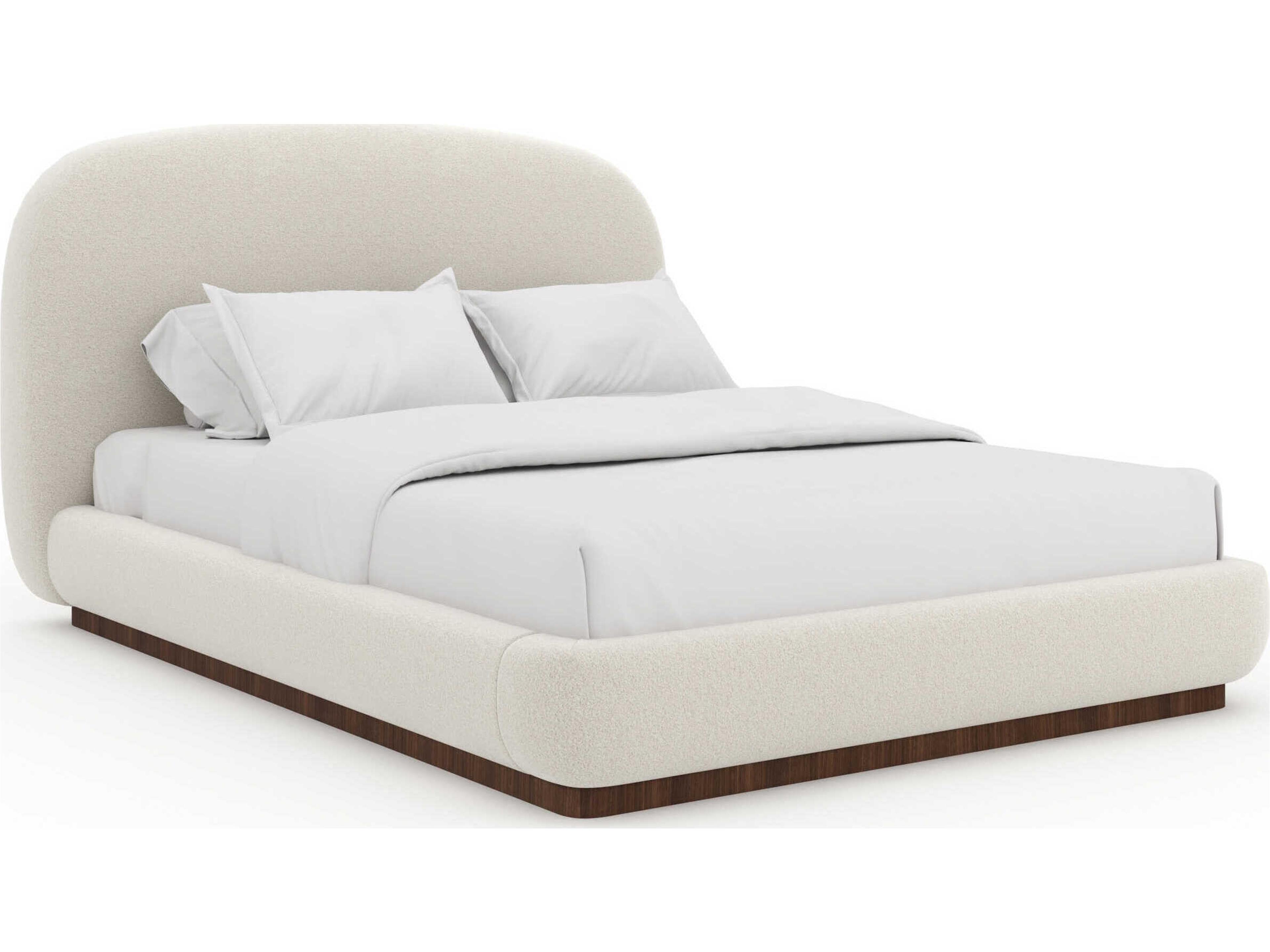 Caracole Botero Retro Walnut White Wood Upholstered Queen Platform Bed