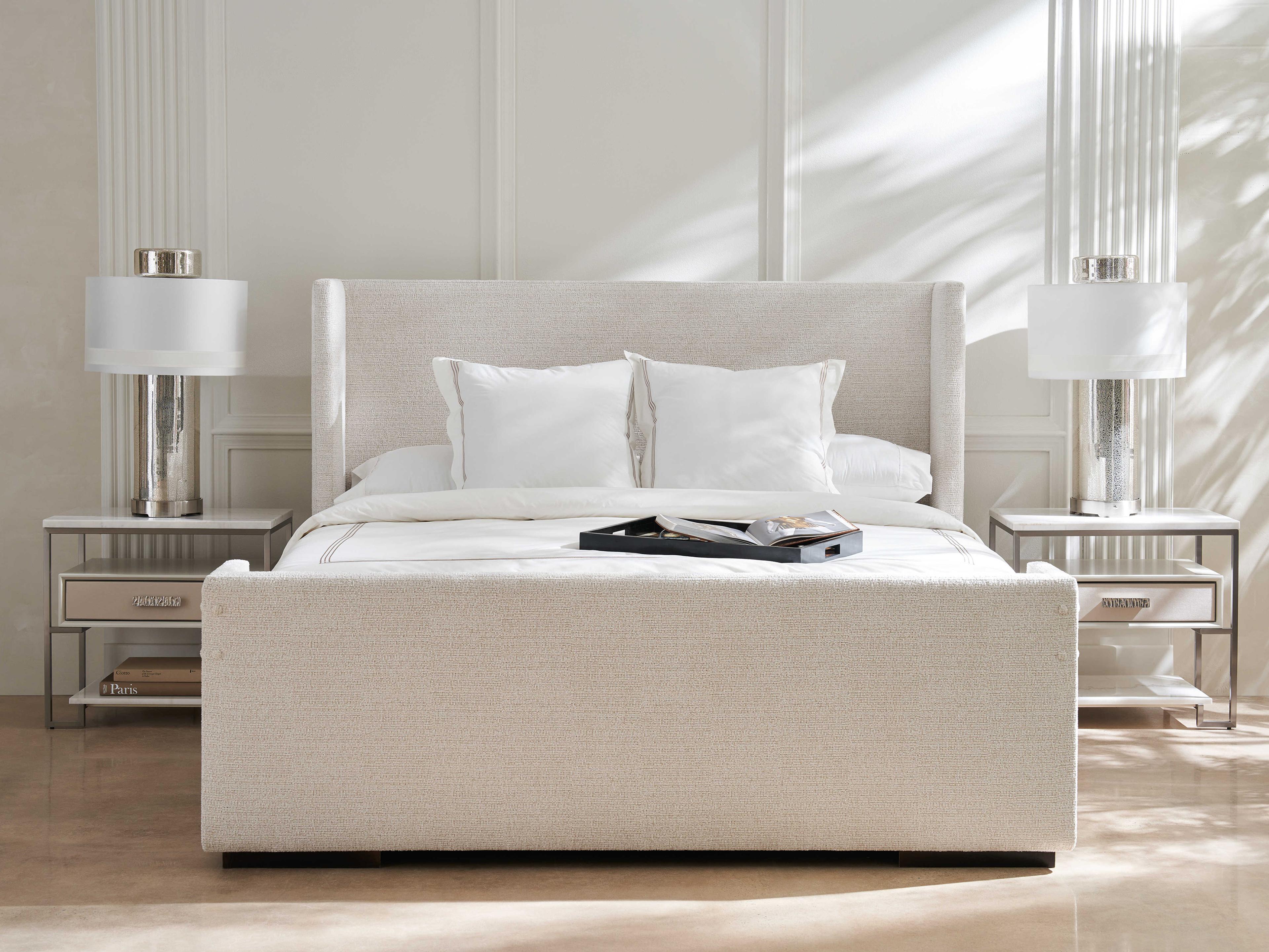 Caracole Classic Shelter Me Almost Black White Poplar Wood Upholstered King Panel Bed