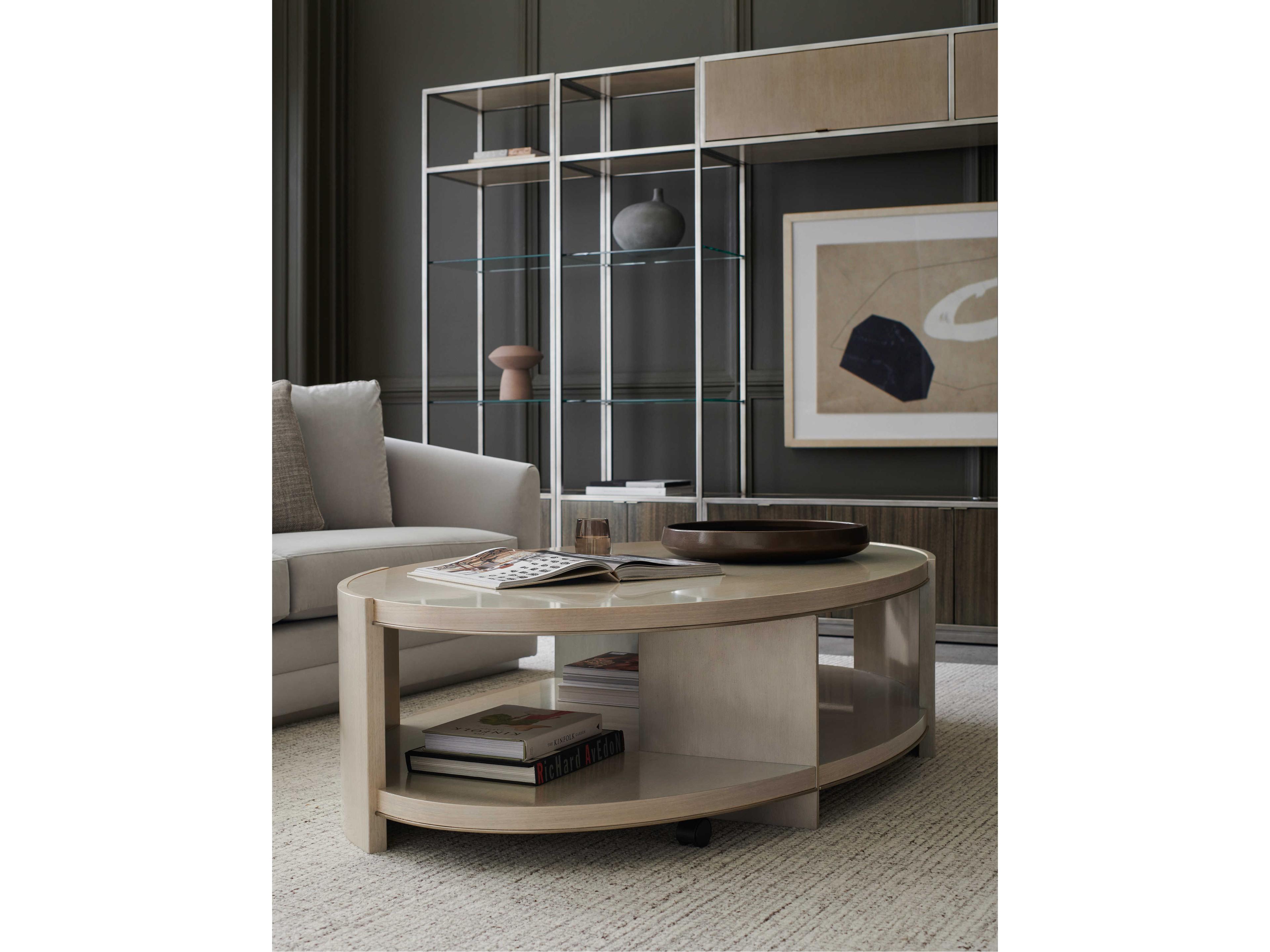 Caracole La Moda Da Vita 69" Oval Wood Thunder Smoked Stainless Steel Paint Coffee Table