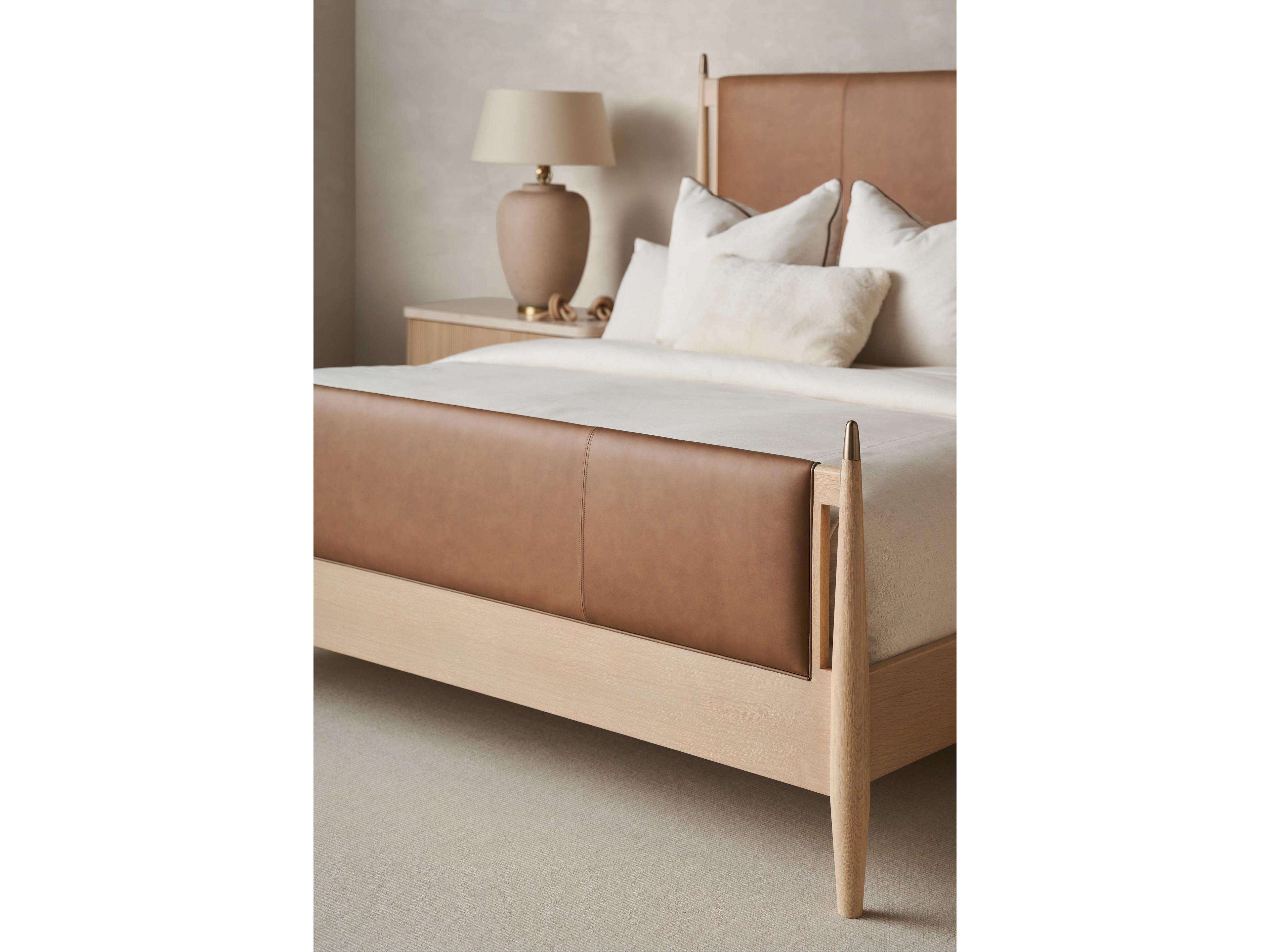 Caracole Modern Principles Rhythm Sun Drenched Oak Lucent Bronze Brown Wood Leather King Panel Bed