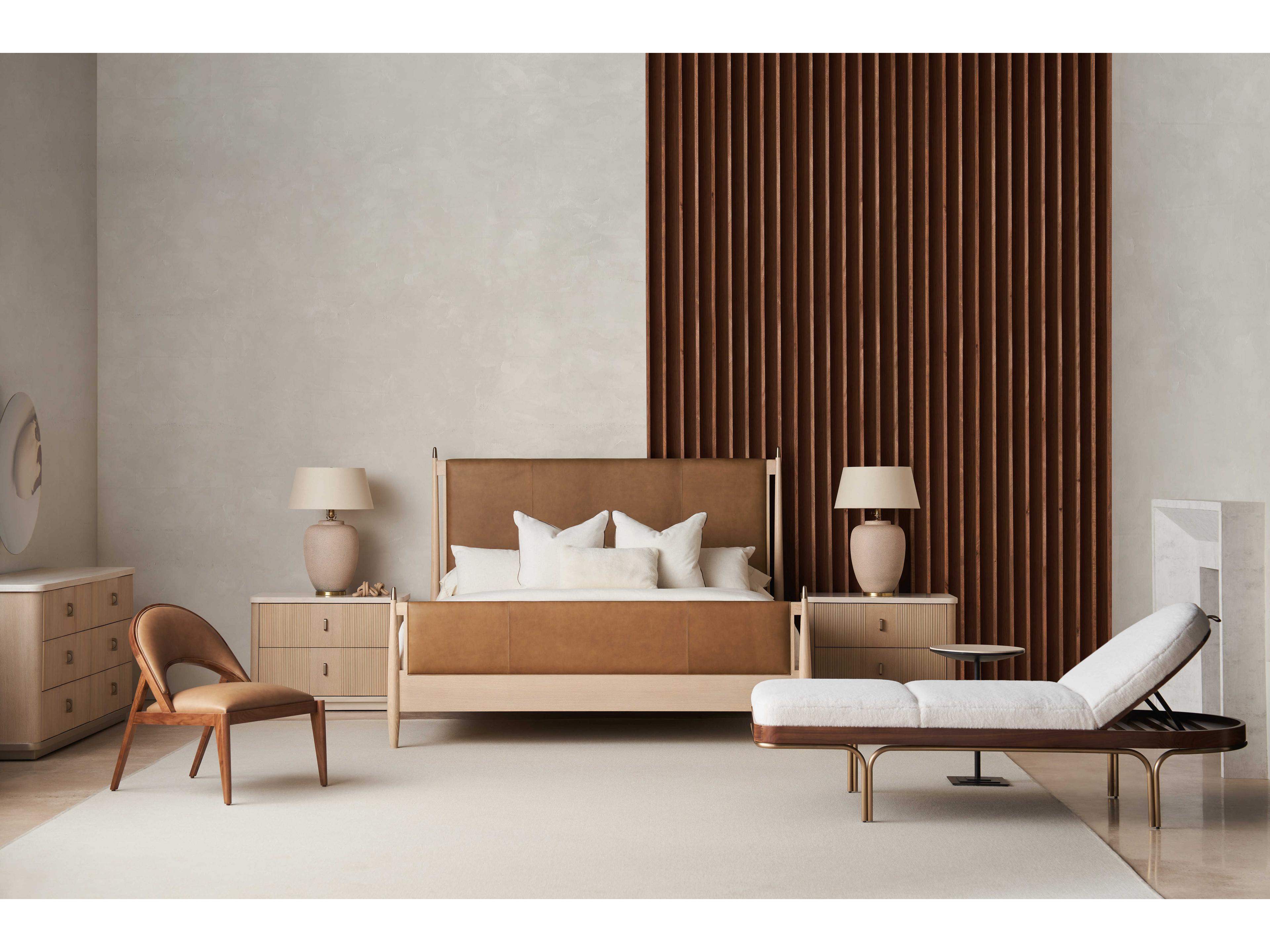 Caracole Modern Principles Rhythm Sun Drenched Oak Lucent Bronze Brown Wood Leather King Panel Bed