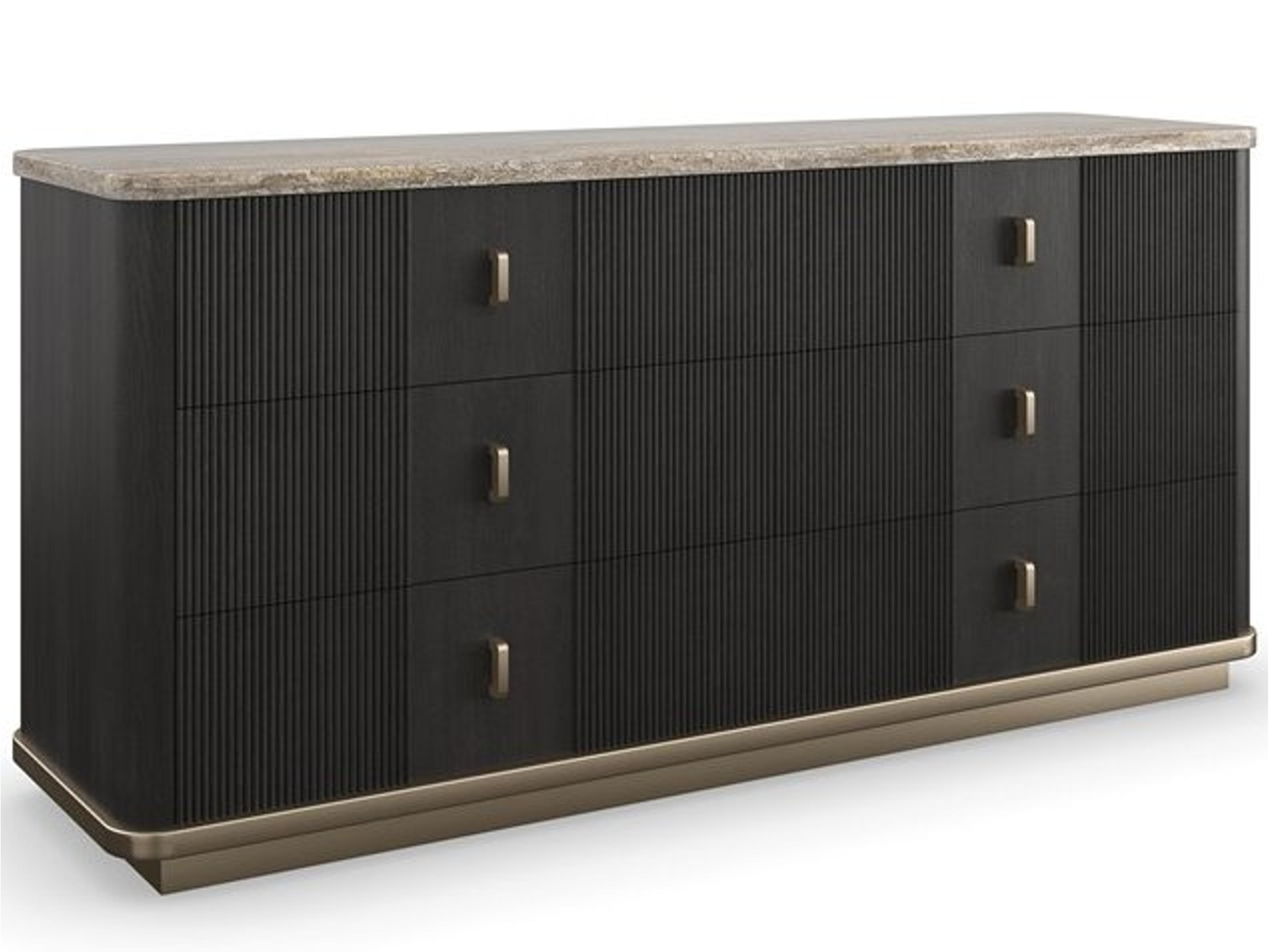 Rhythm 6-Drawer Dresser with Travertine Stone Top in Black Stained Ash