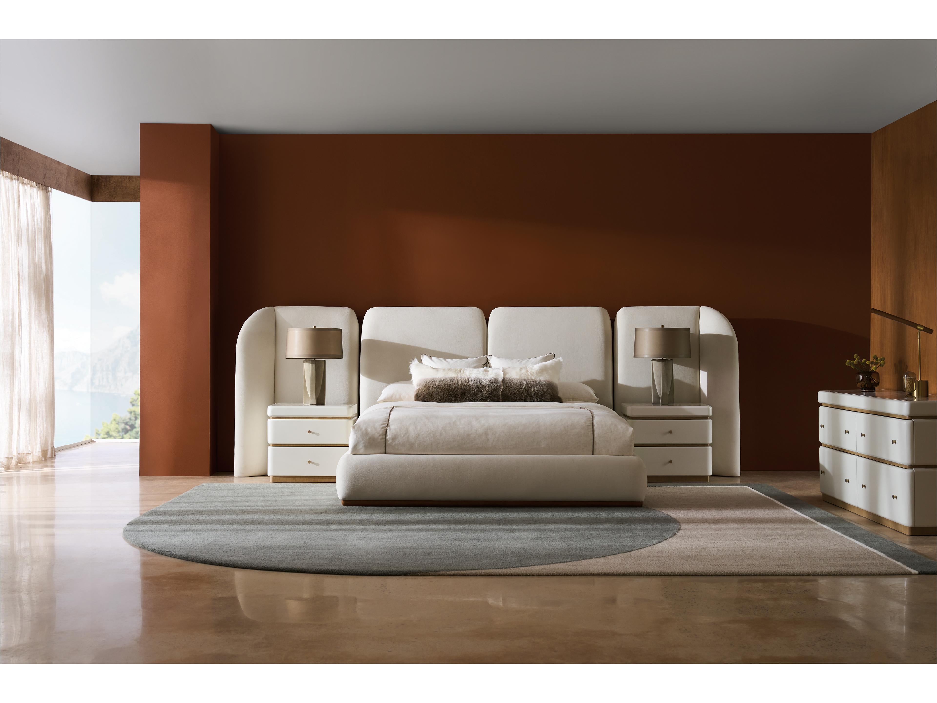 Caracole Modern Resort Malta Toasted Pecan Beige Birch Wood Upholstered King Platform Bed