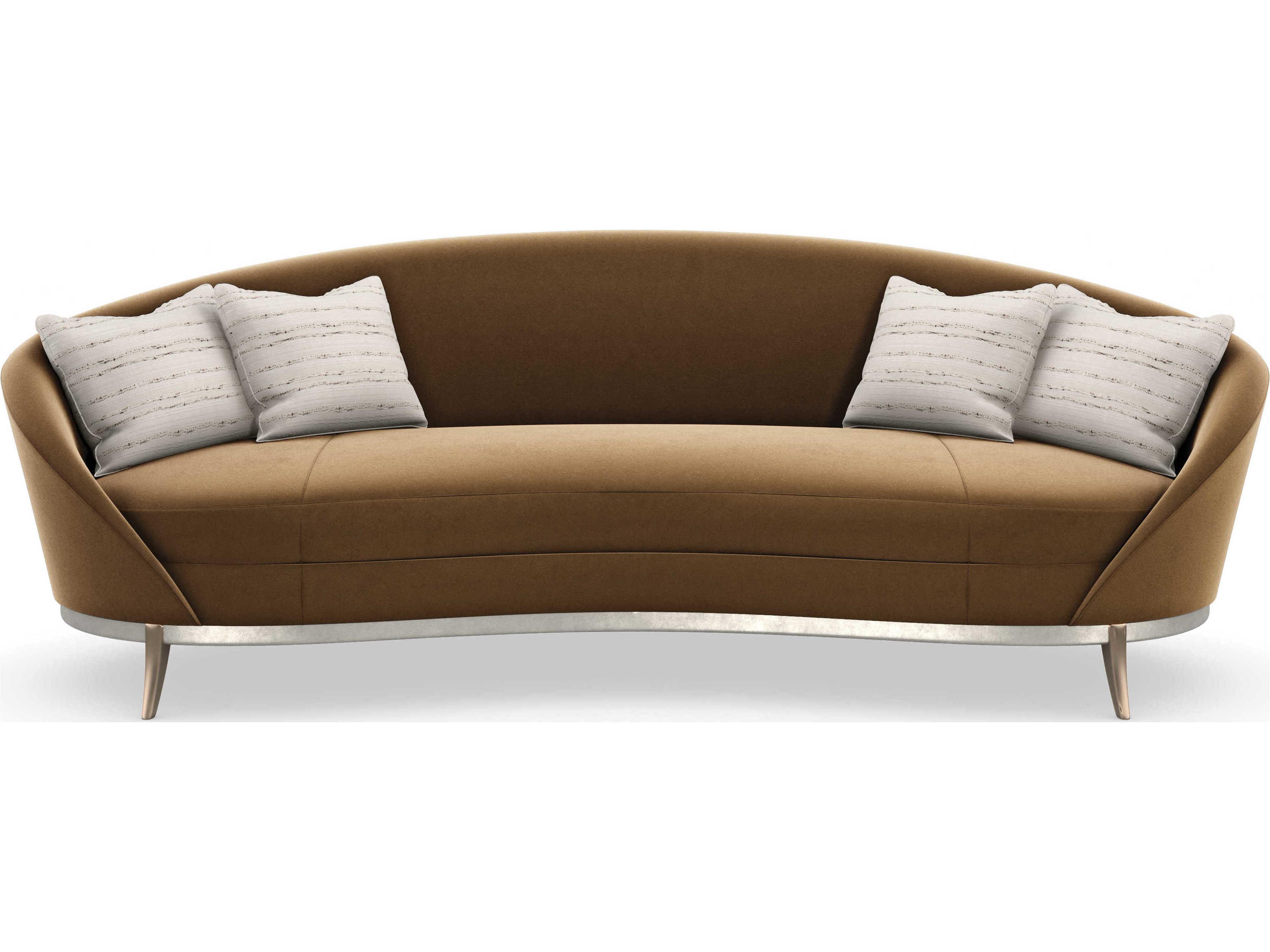 Caracole Signature Metropolitan Main Event Dusty Silver Bronze Plated Metal Brown Upholstered Sofa