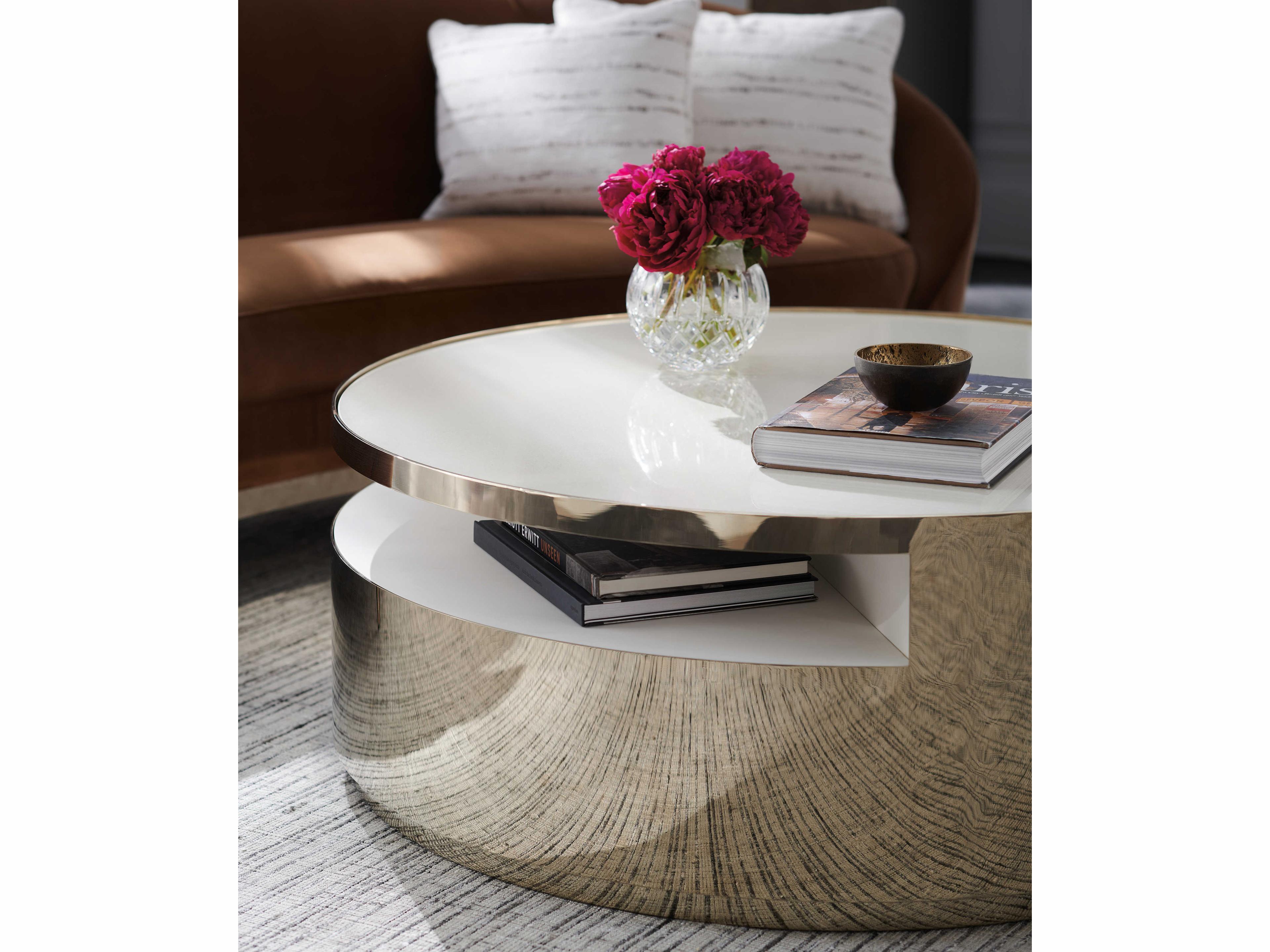 Caracole Signature Metropolitan Turn Style Round Stone Whisper Of Gold Coffee Table