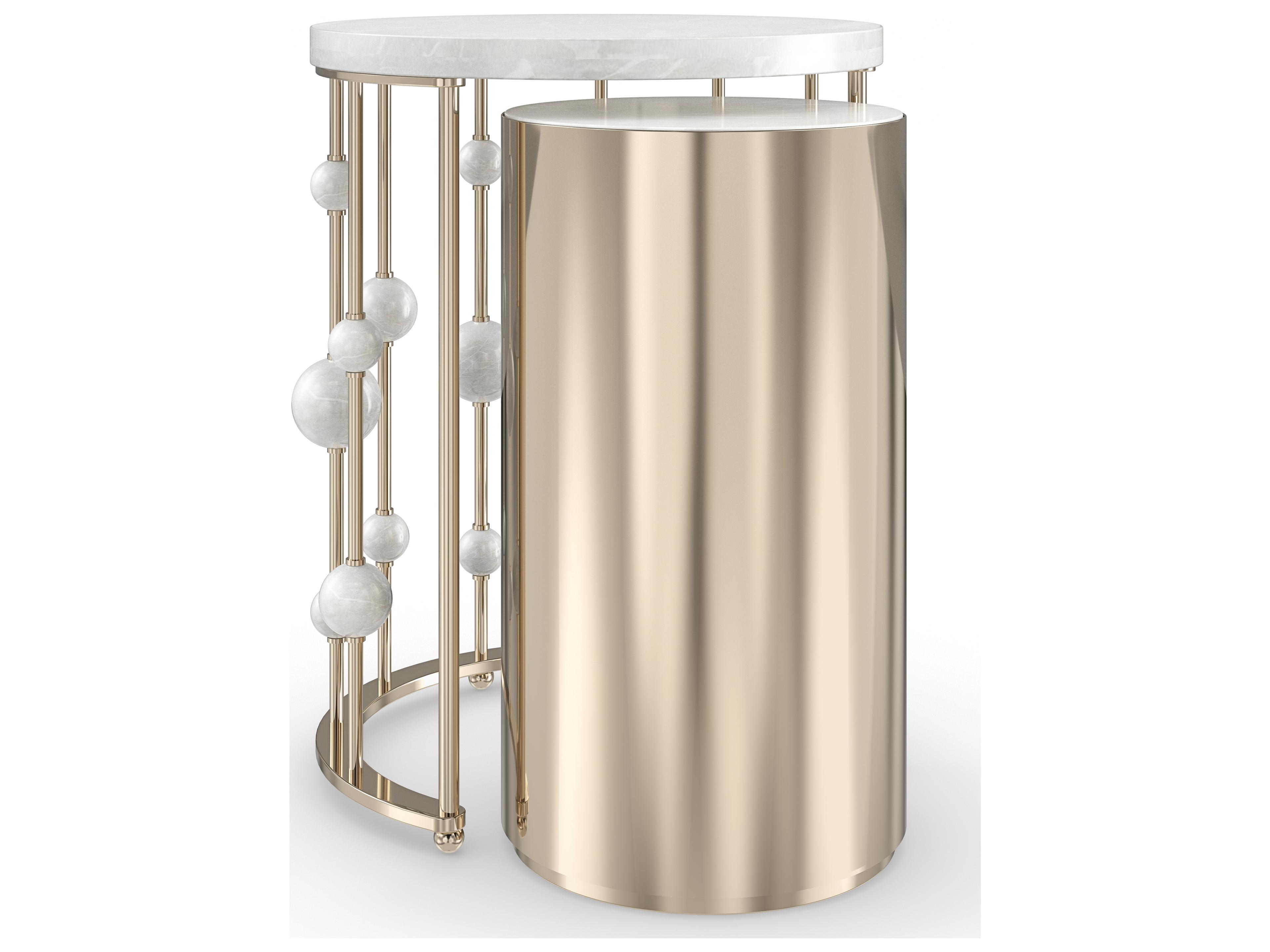 Orbit Round Nesting Accent Table Set in White Rhino Marble and Whisper of Gold