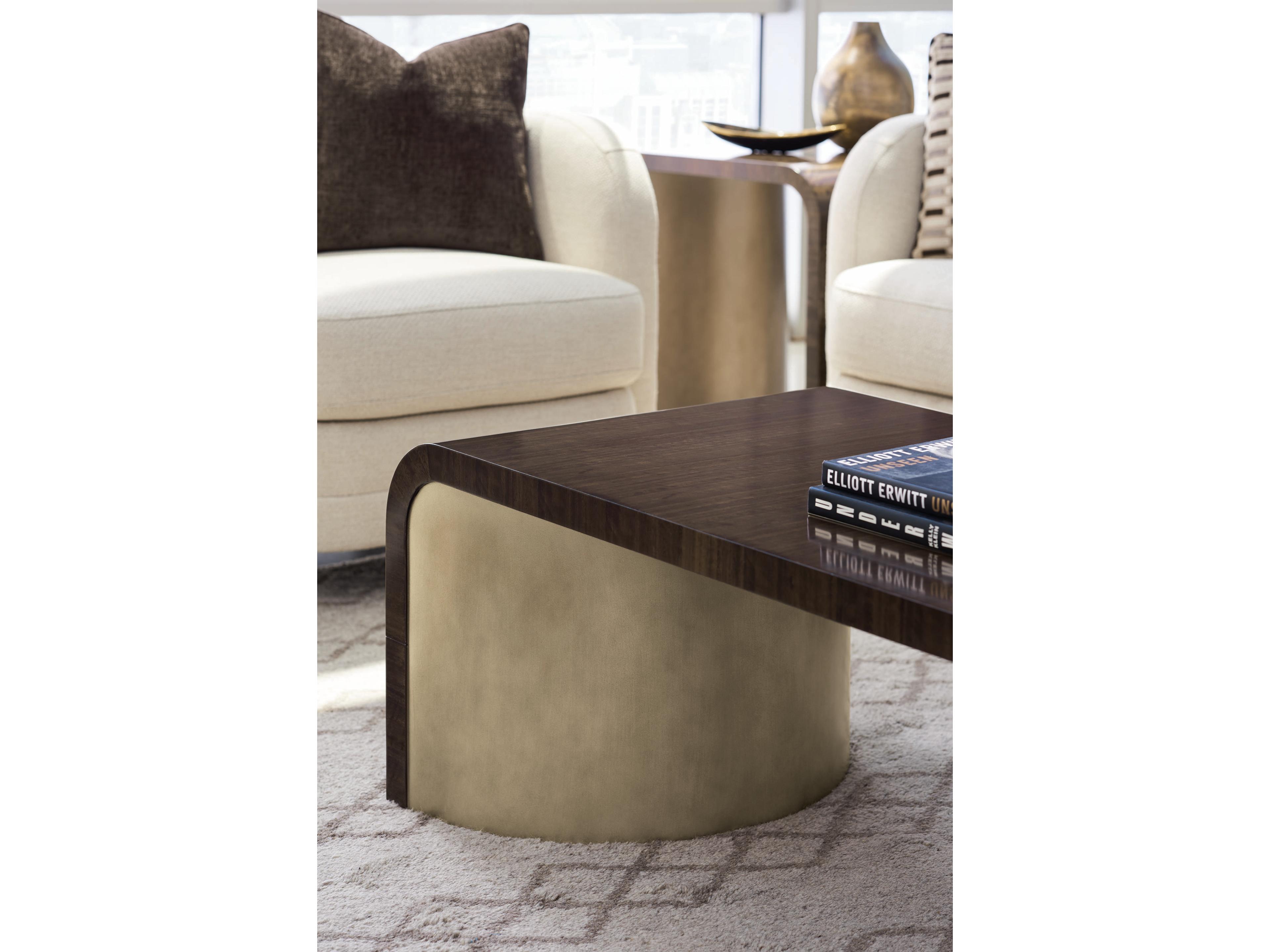 Caracole Streamline Waterfall Rectangular Wood Aged Bourbon With Smoked Brass Coffee Table