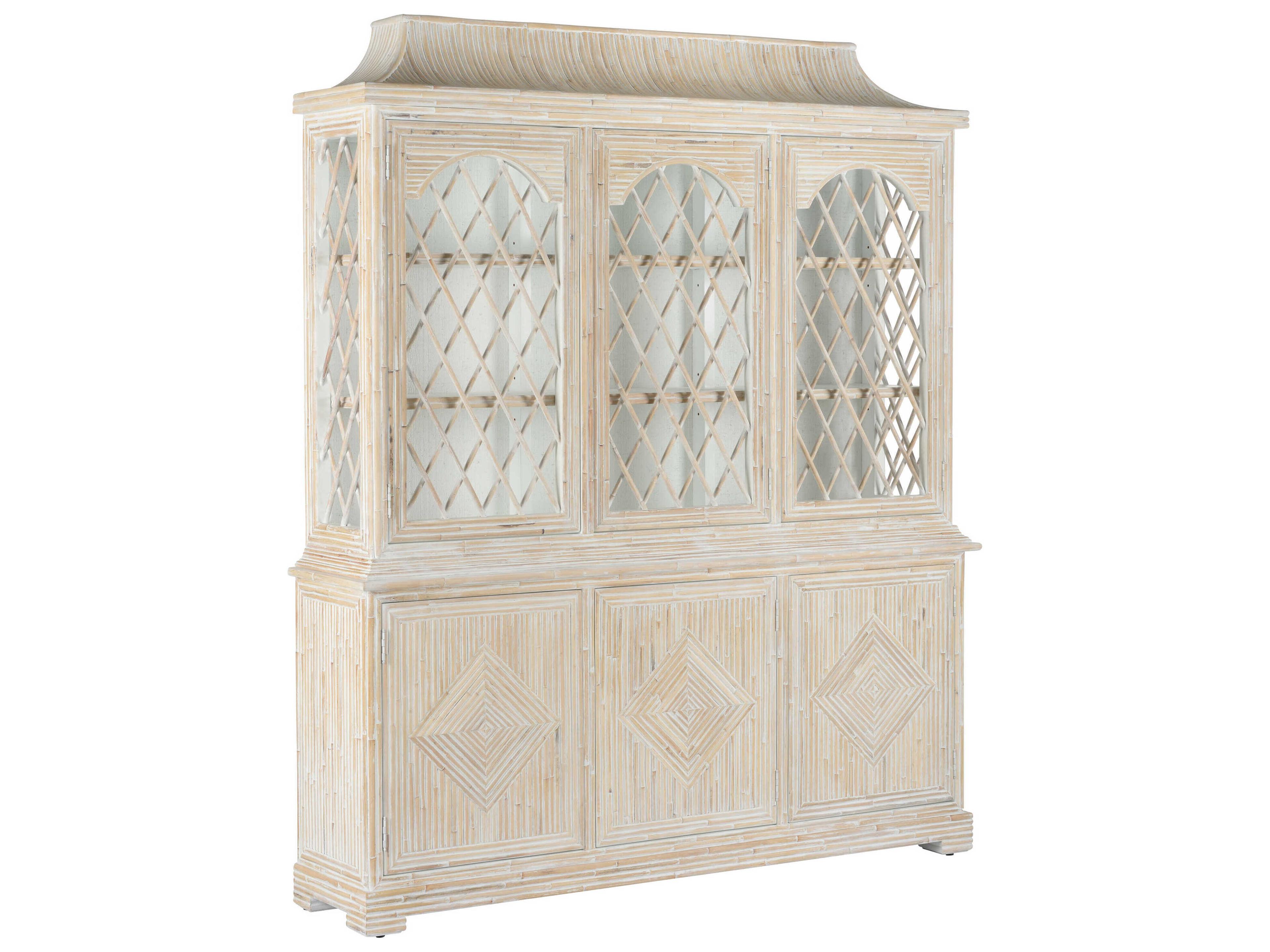 Jamie Merida Bamboo Wood Whitewashed Lyford Cay Breakfront Display Cabinet