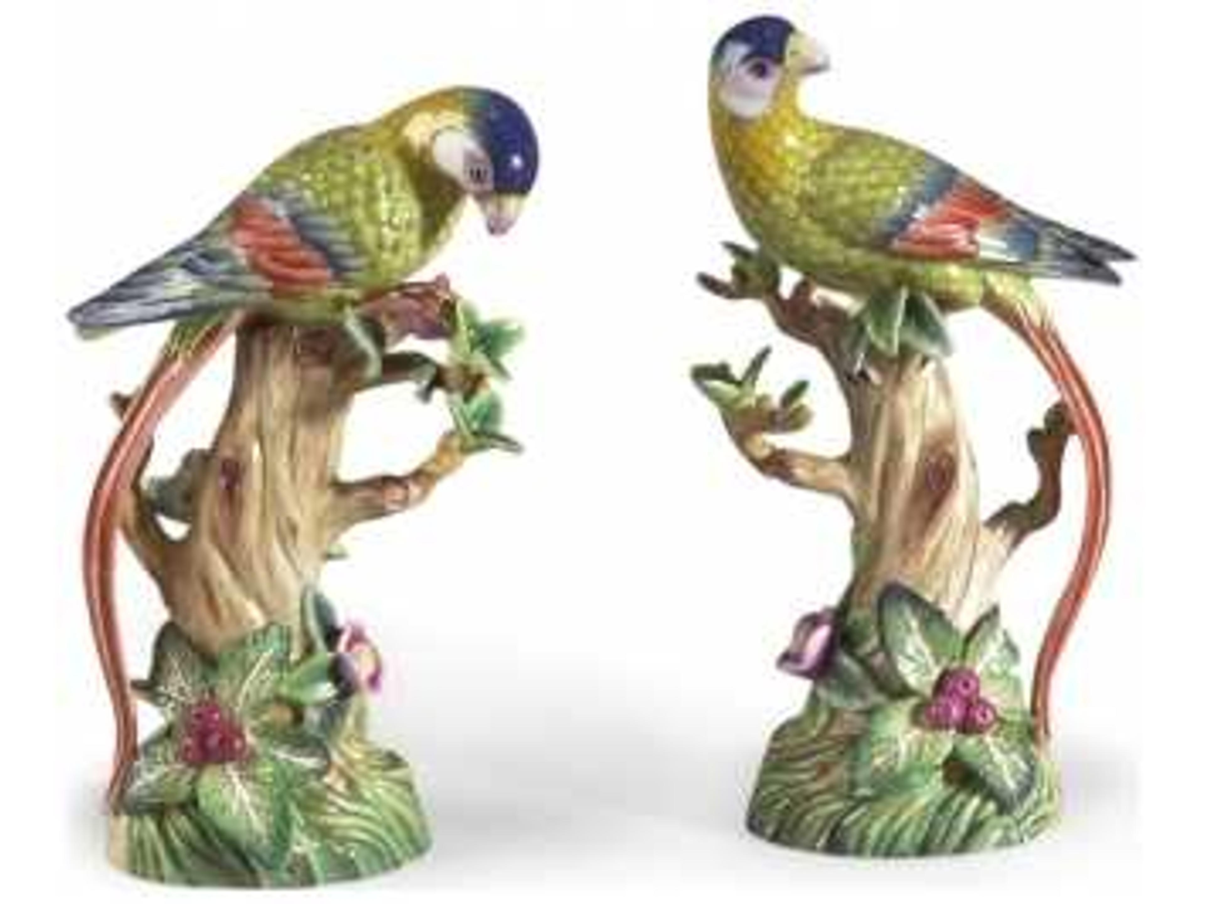 Hand Painted Porcelain Parrot on Fruit Tree Sculpture Set of 2