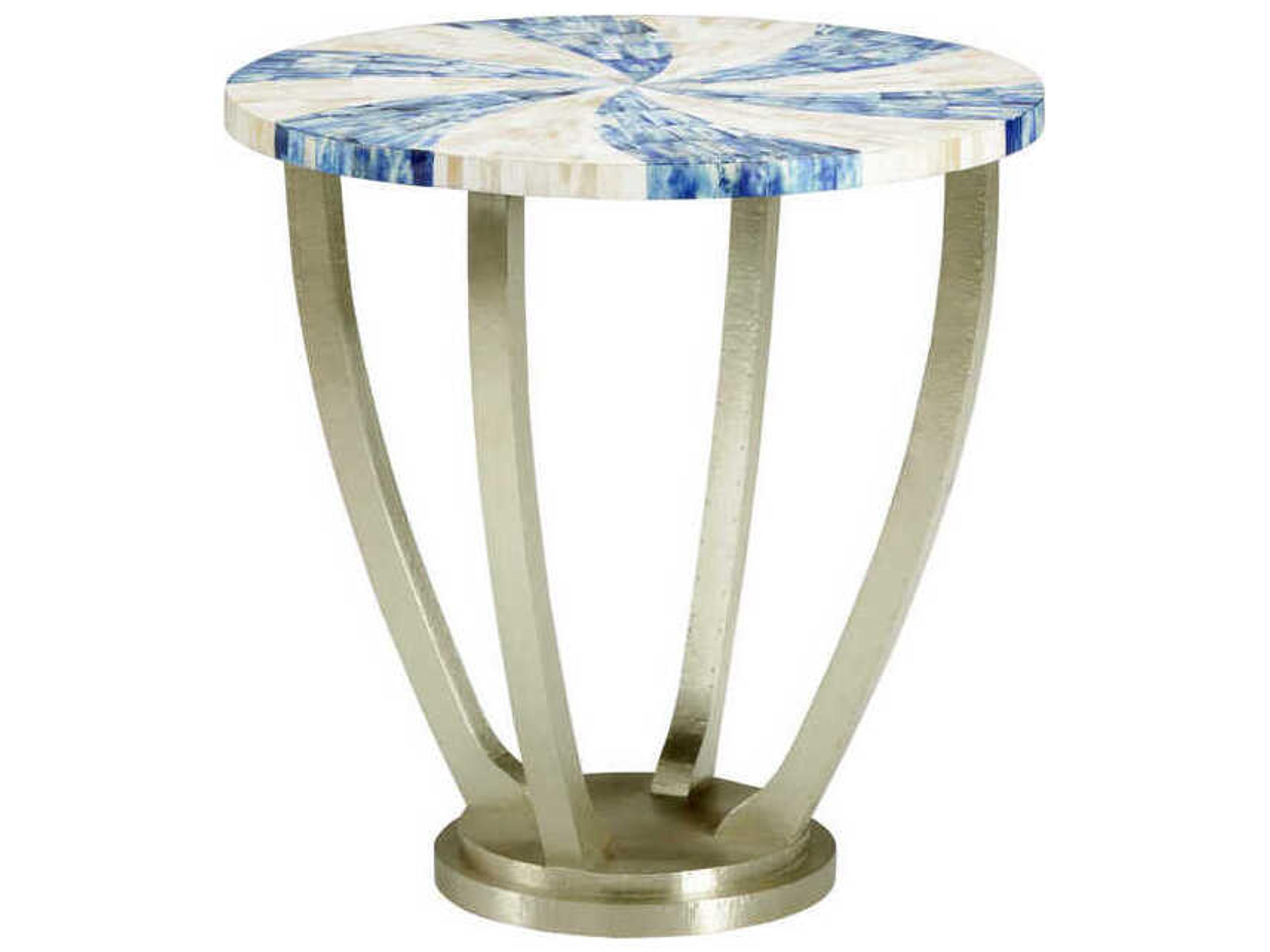 Chelsea House Blue Swirl Round Marble White Silver Side Table