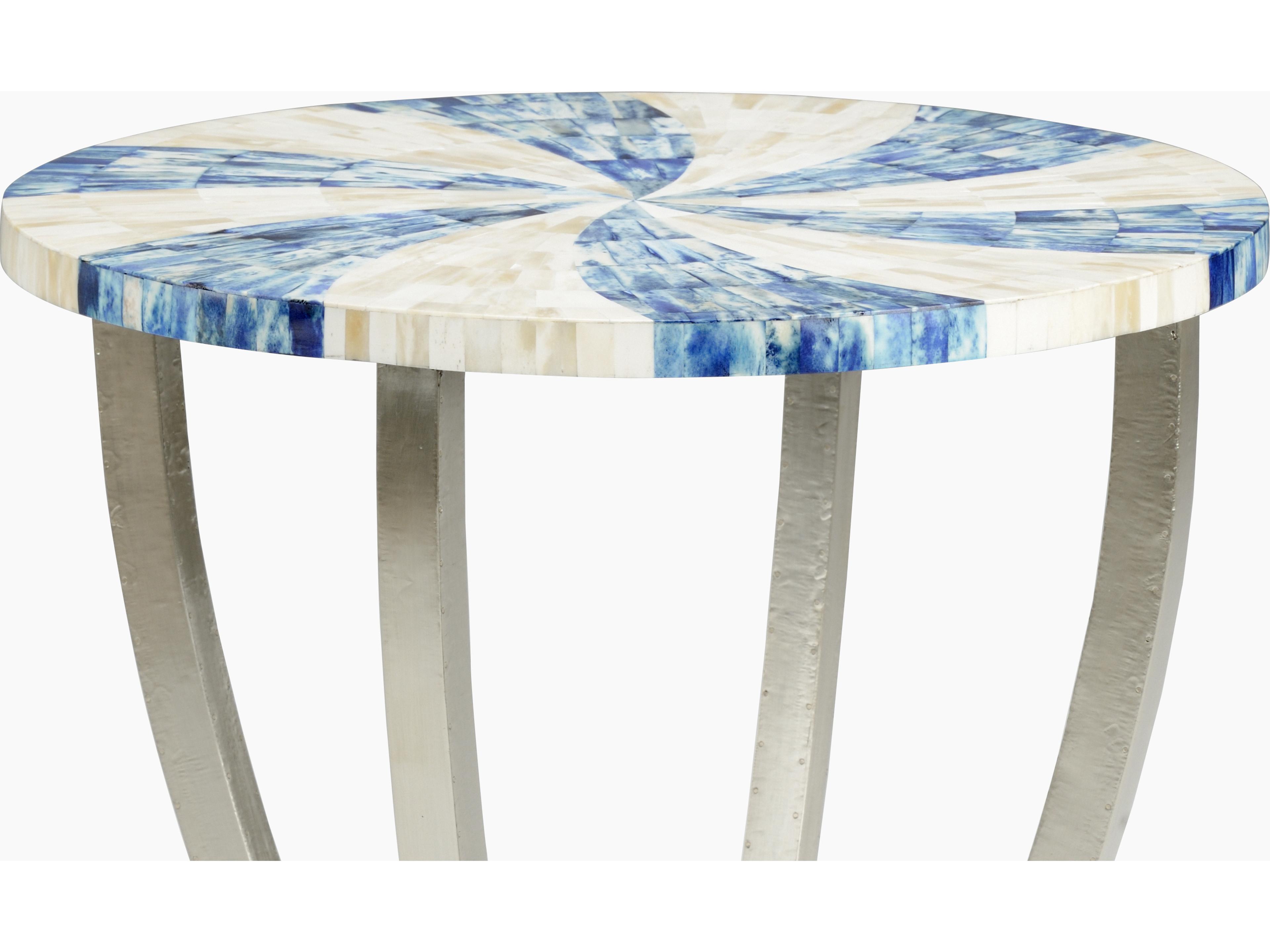 Chelsea House Blue Swirl Round Marble White Silver Side Table