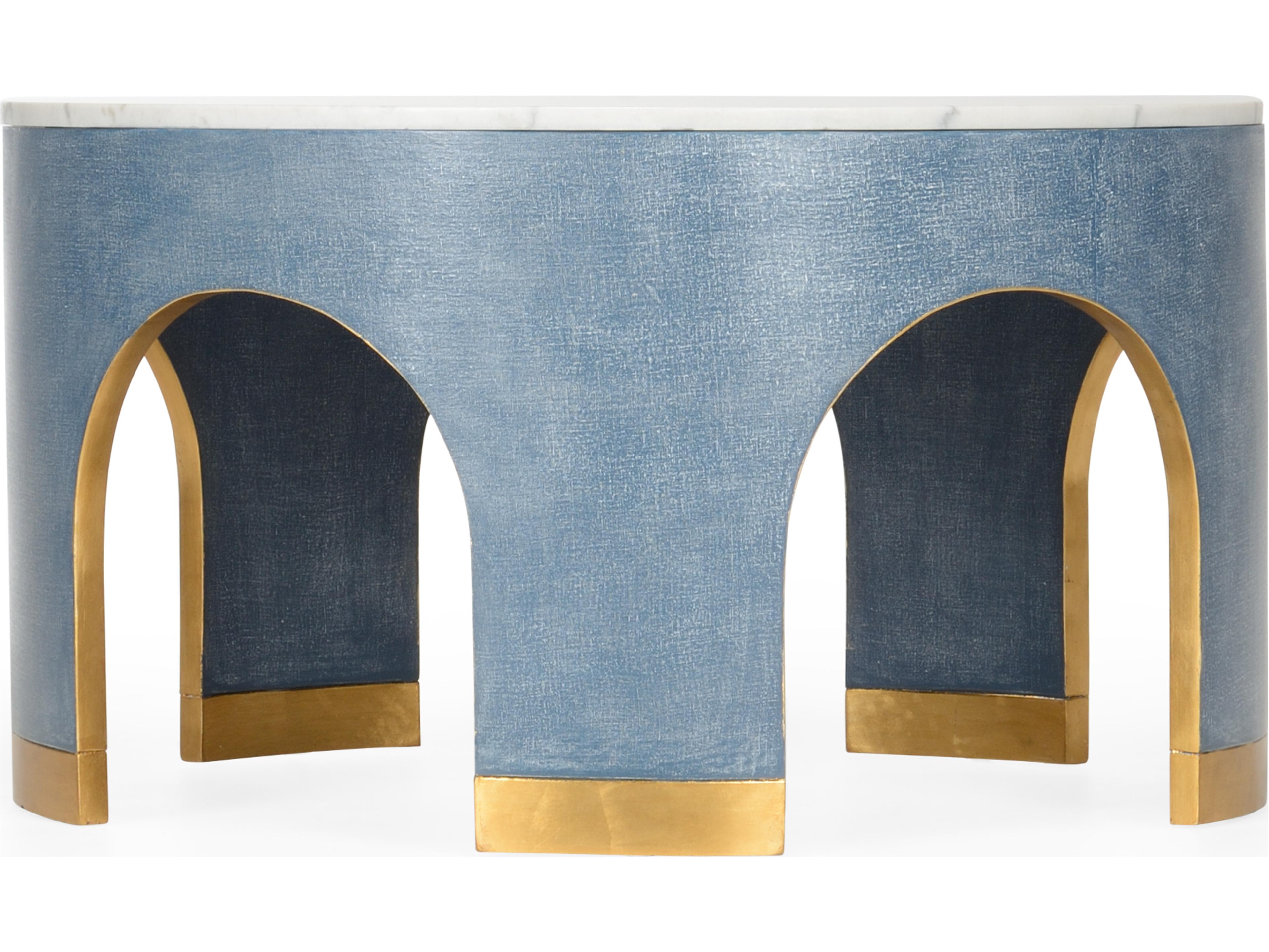 Chelsea House Elizabeth Wicker Aqueduct Round Marble Blue White Cocktail Table -