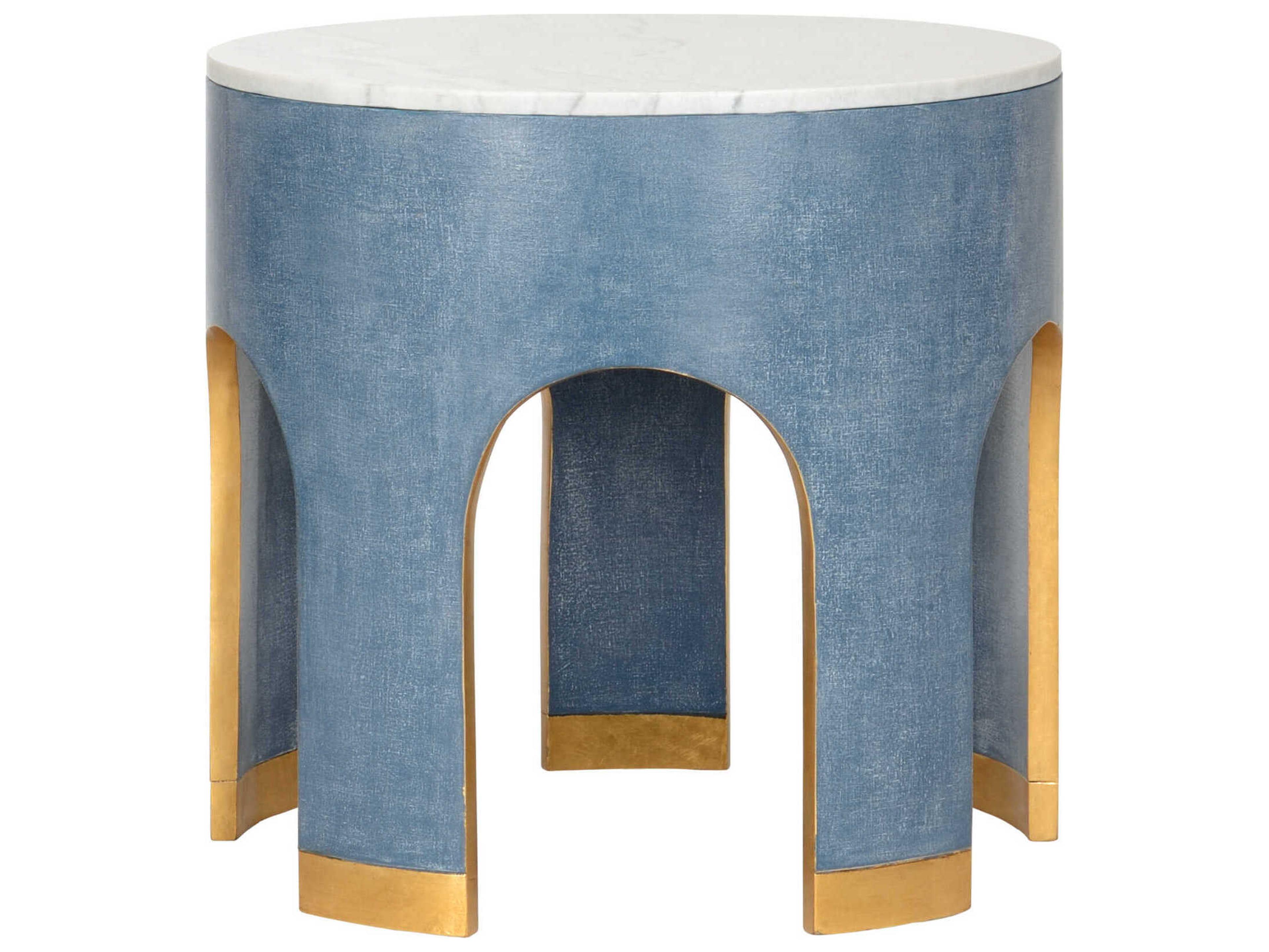 Elizabeth Wicker Aqueduct Round Marble Blue White End Table -