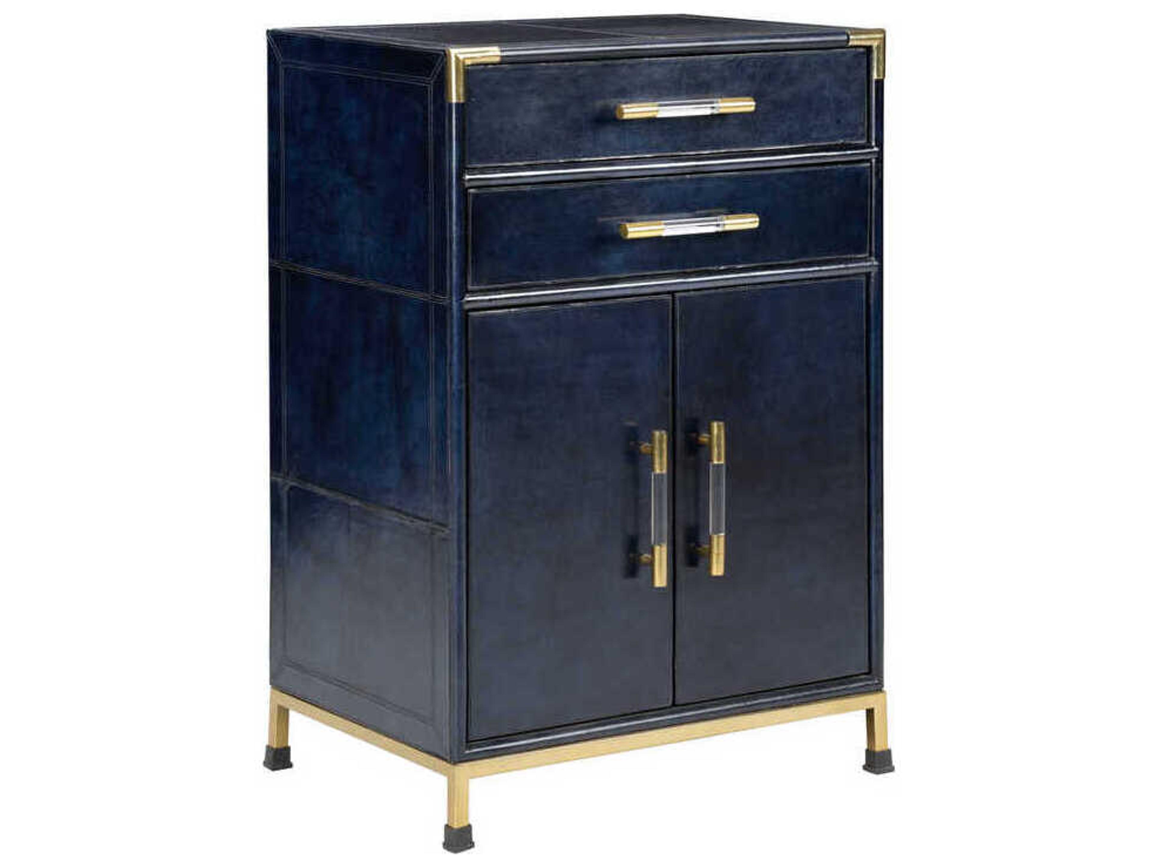 Atticus Accent Cabinet Dark Blue Leather with Brass Accents