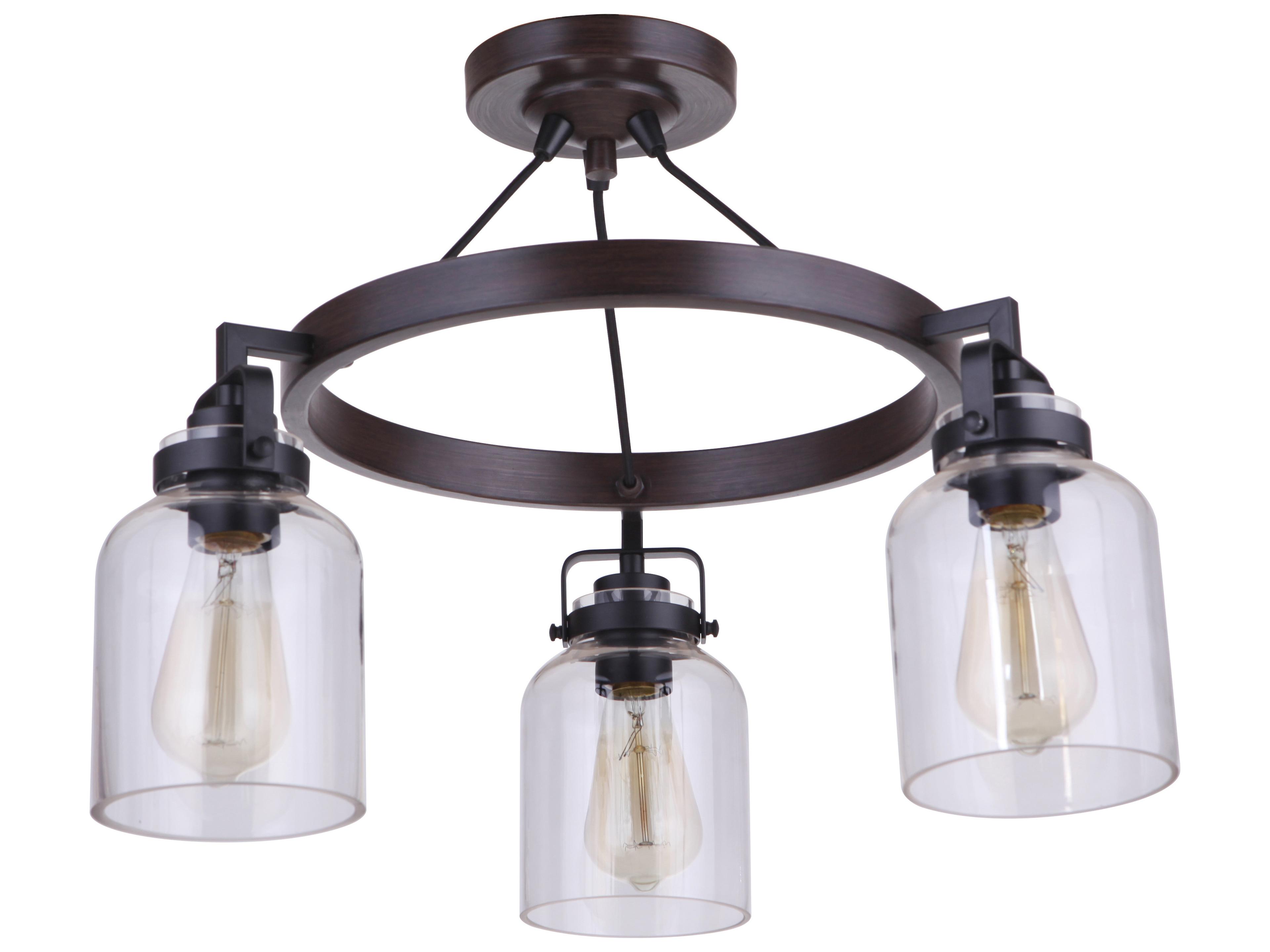 Foxwood 3-Light Flat Black Dark Teak Glass Bell Semi Flush Mount