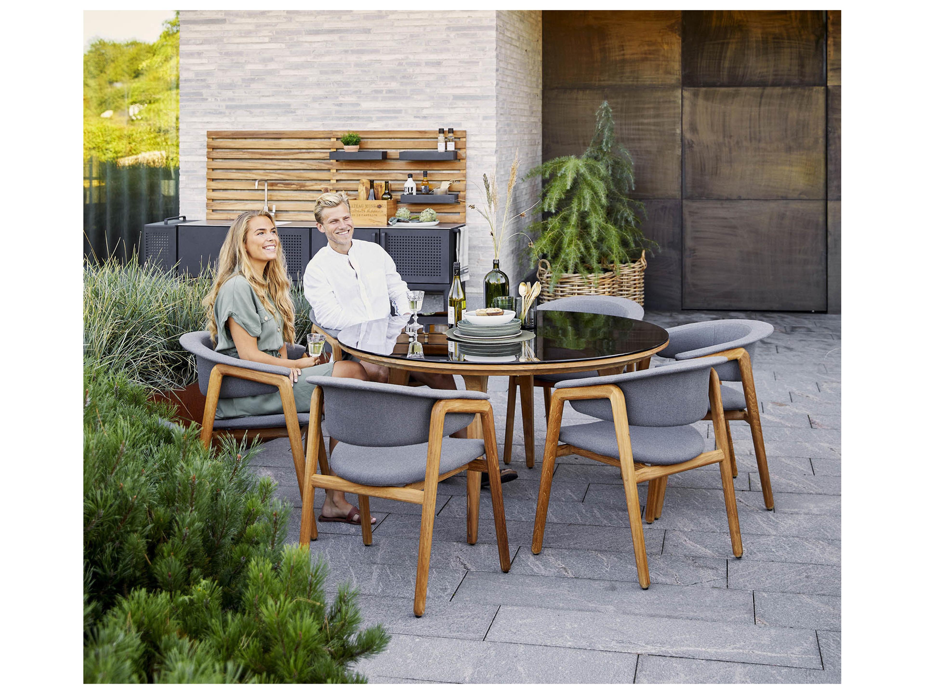 Cane Line Outdoor Luna Teak Dining Arm Chair in Grey