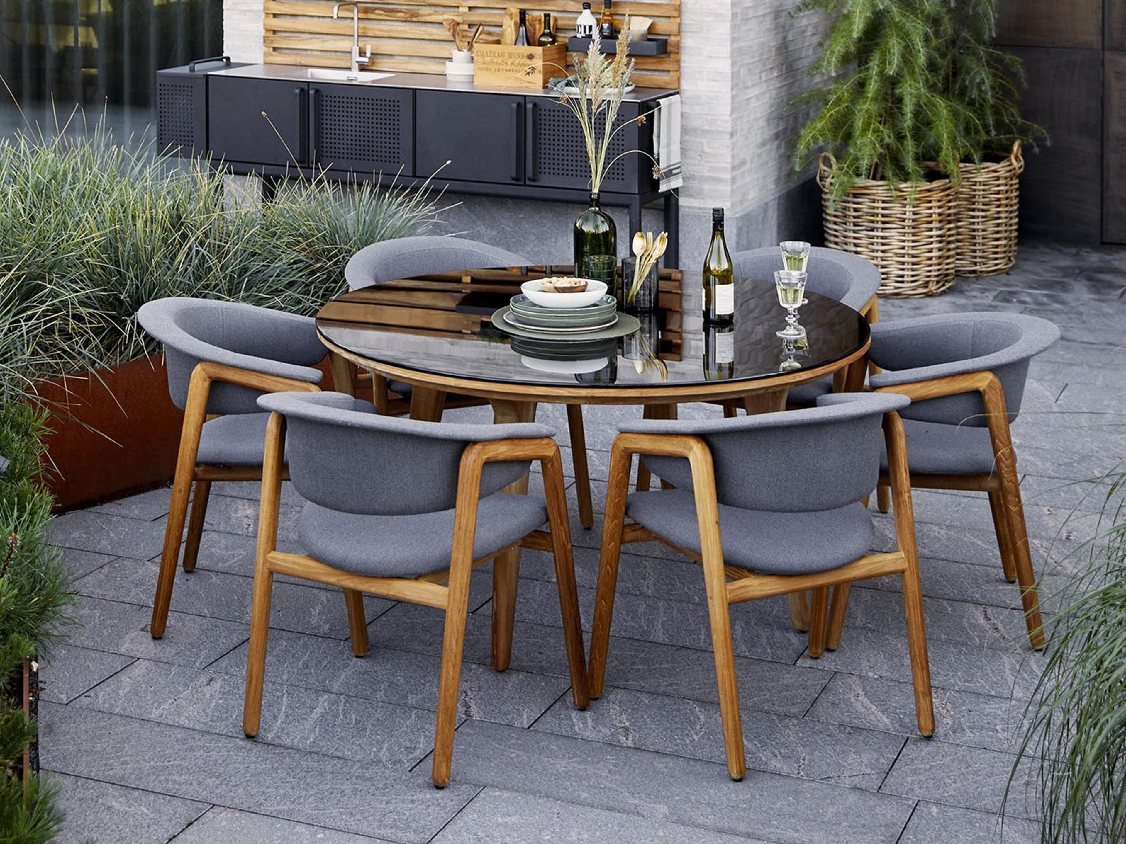 Cane Line Outdoor Luna Teak Dining Arm Chair in Grey