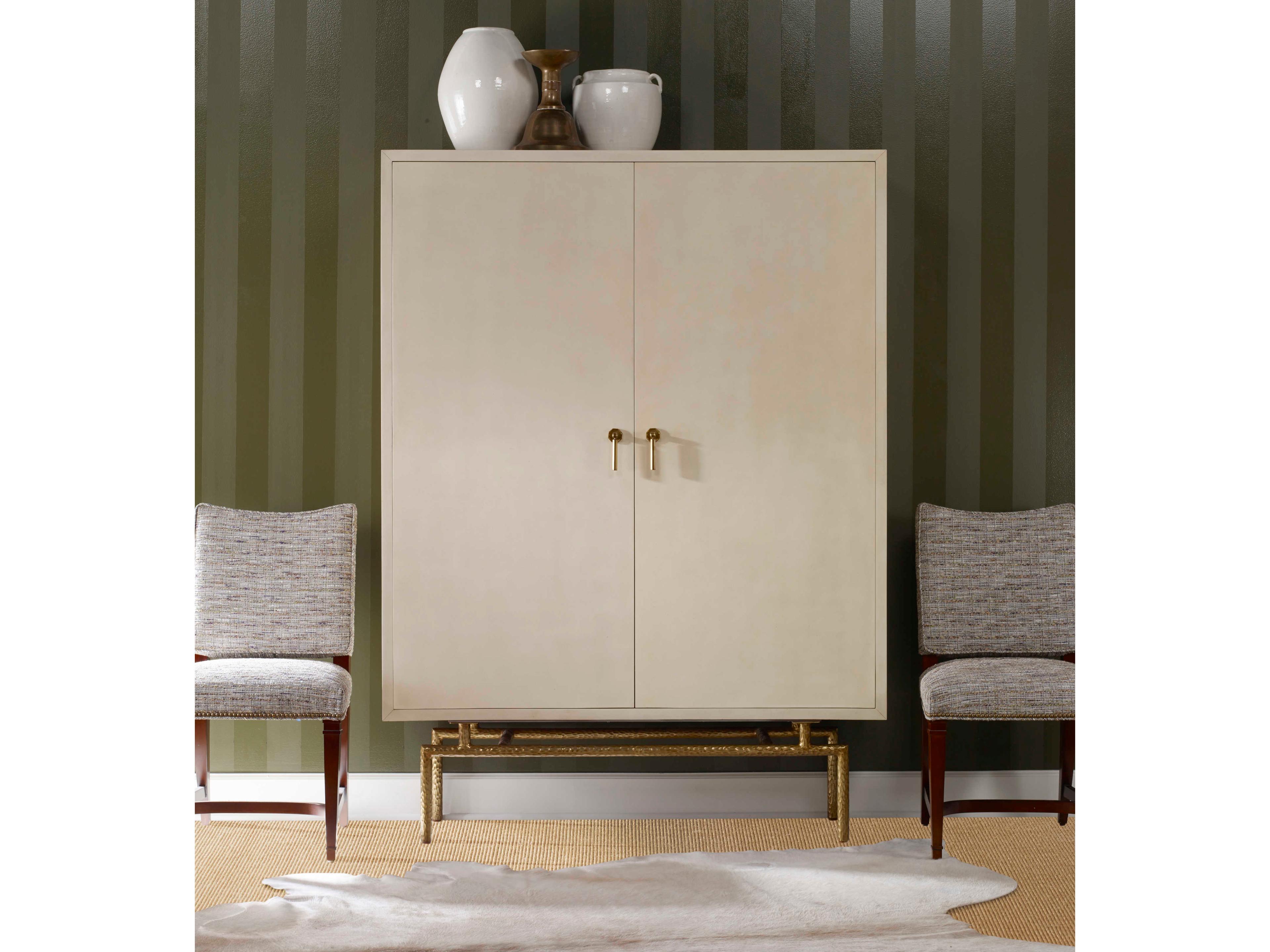 Century Furniture Beige Faux Parchment With Bronze Wine Bar Cabinet