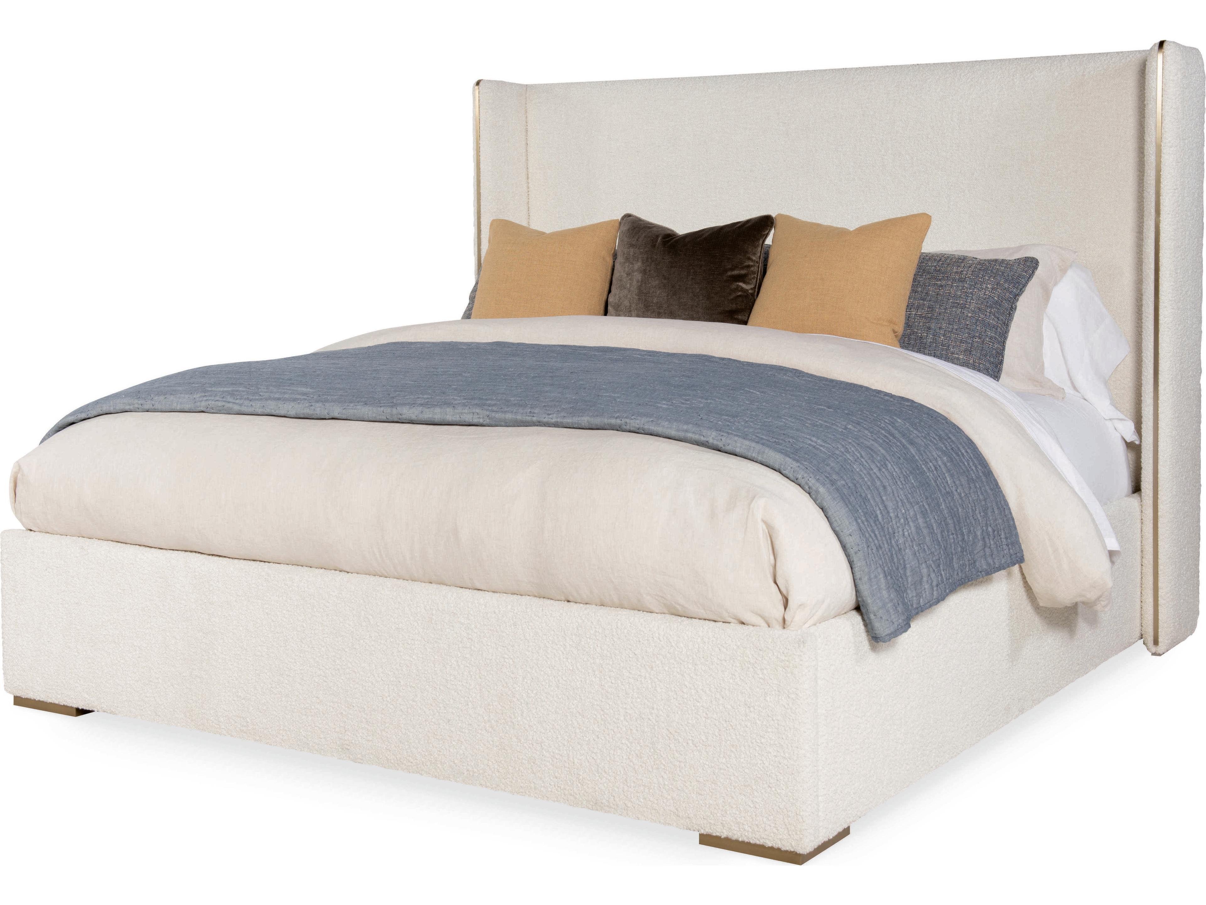 Cadence Off White Antique Brass Upholstered King Panel Bed