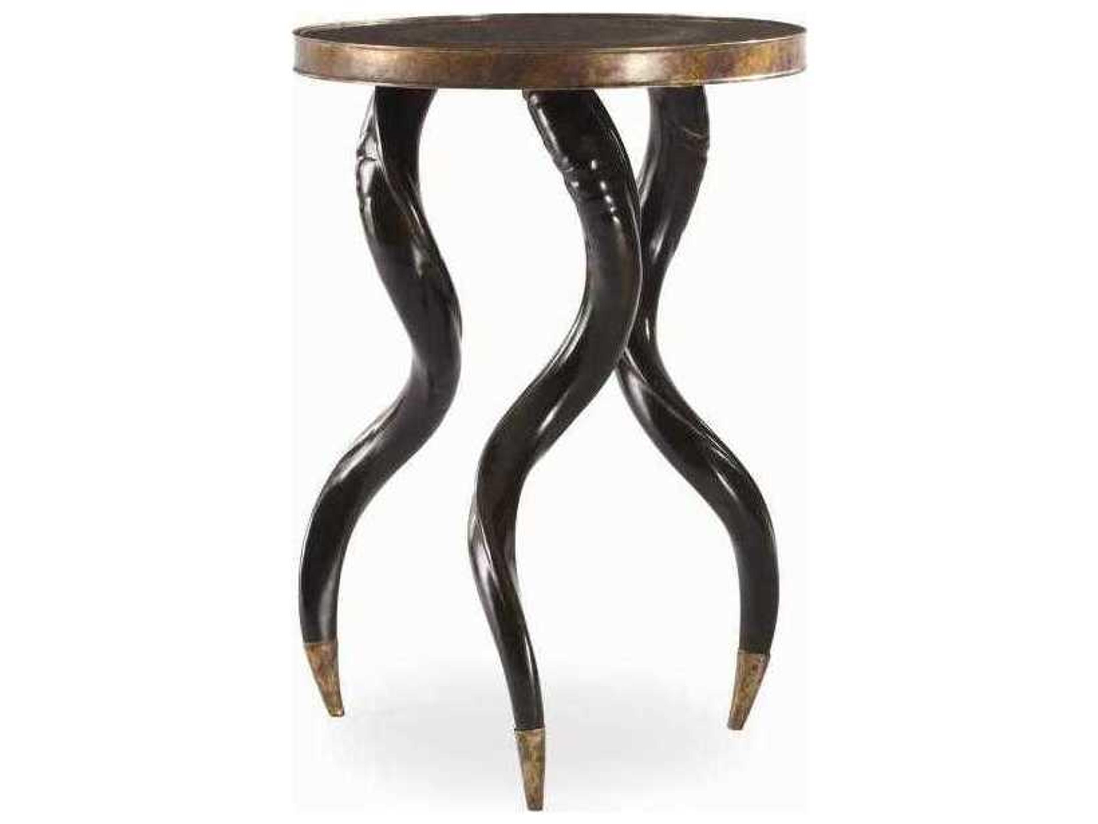 Grand Tour Faux Horn Ebony Chairside Table with Antique Brass Top