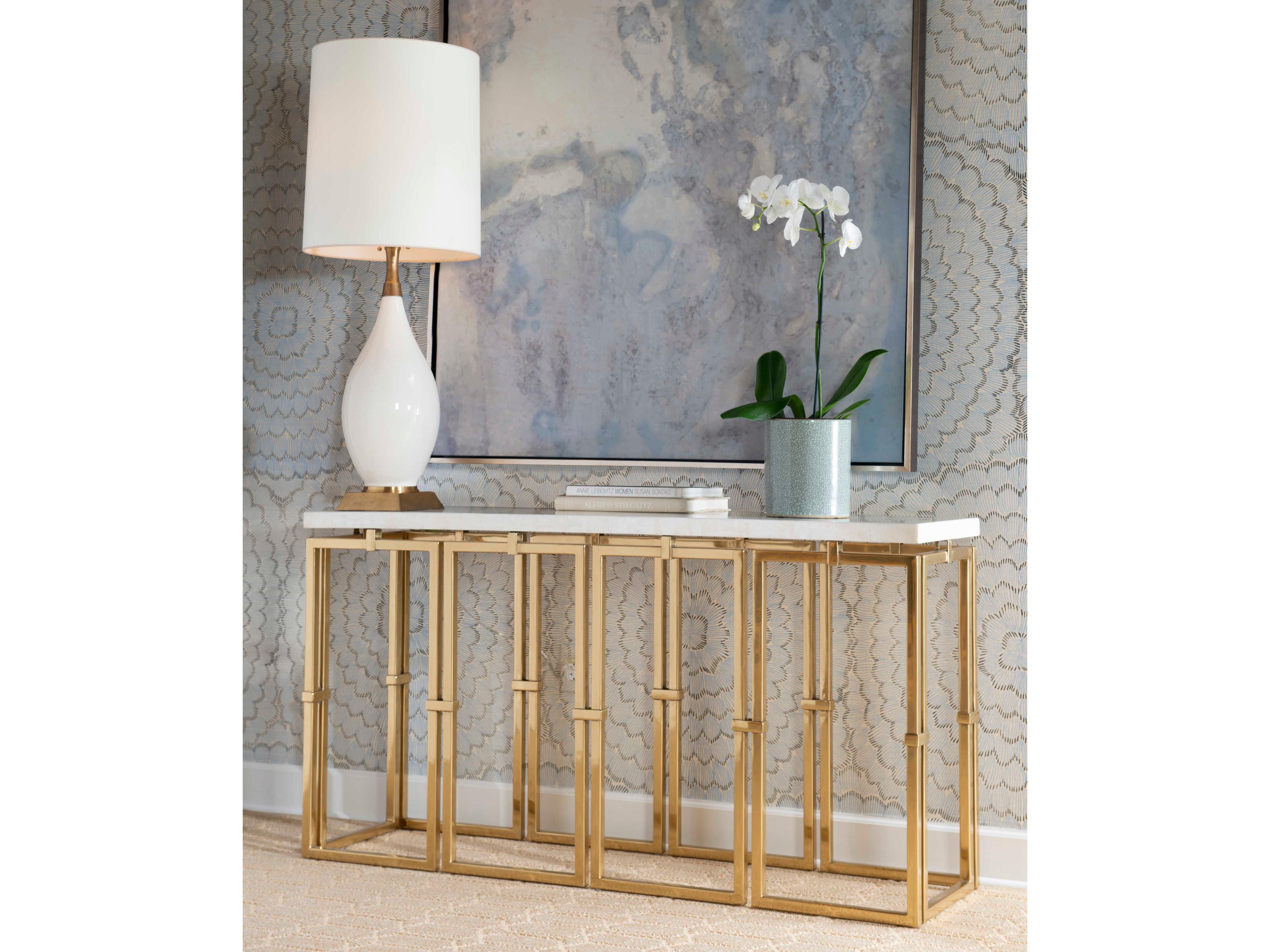 Century Furniture Grand Tour Rectangular Crystal Stone Antique Brass Console Table