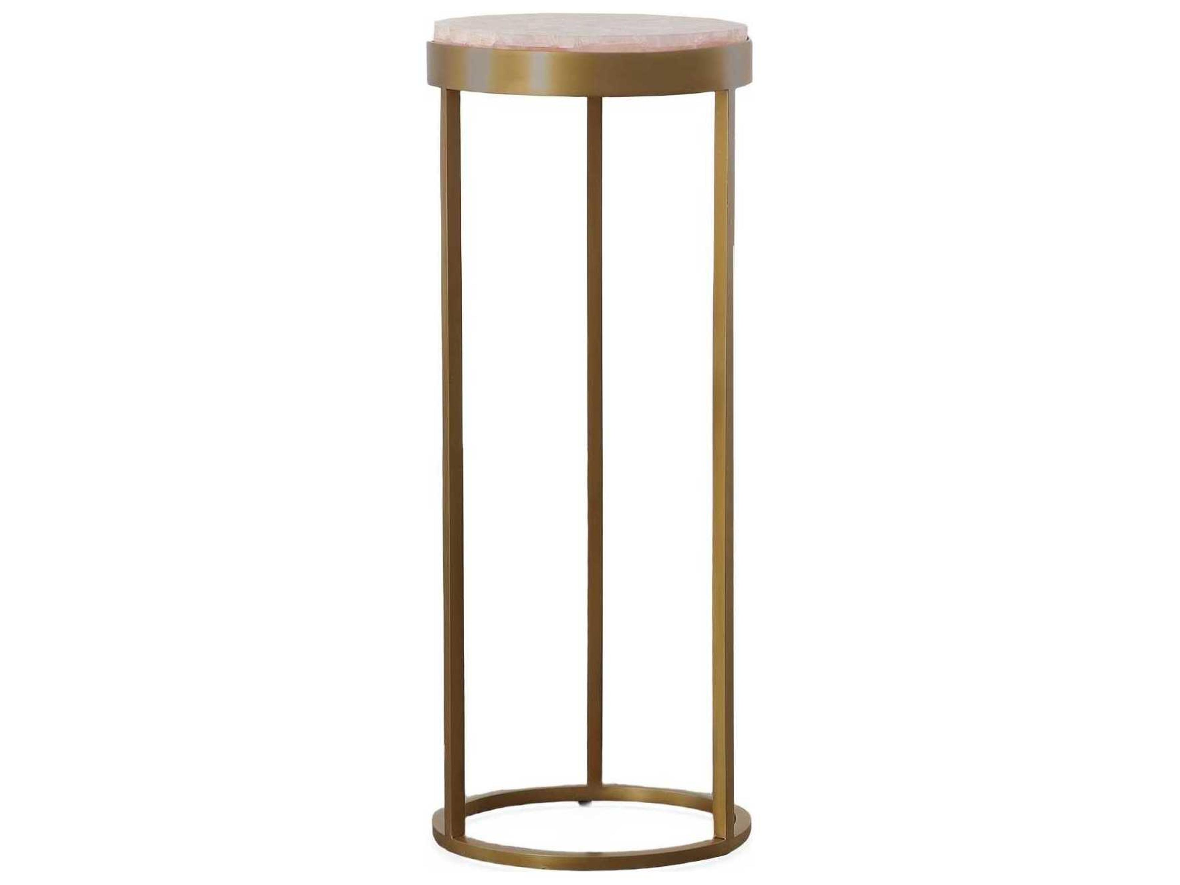 Grand Tour 9" Round Rose Quartz Stone Satin Brass End Table