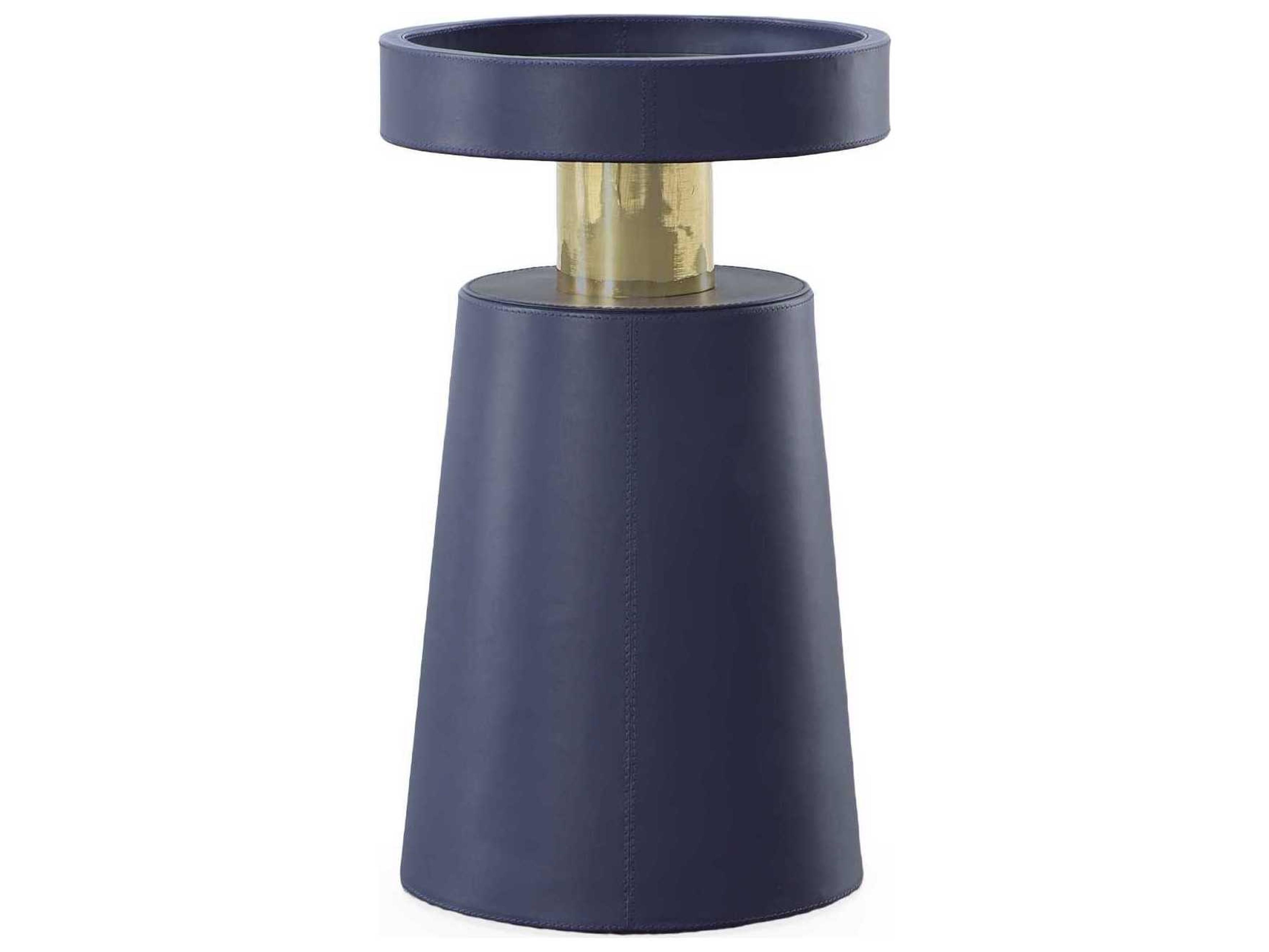 Grand Tour Round Leather Navy Antique Brass End Table