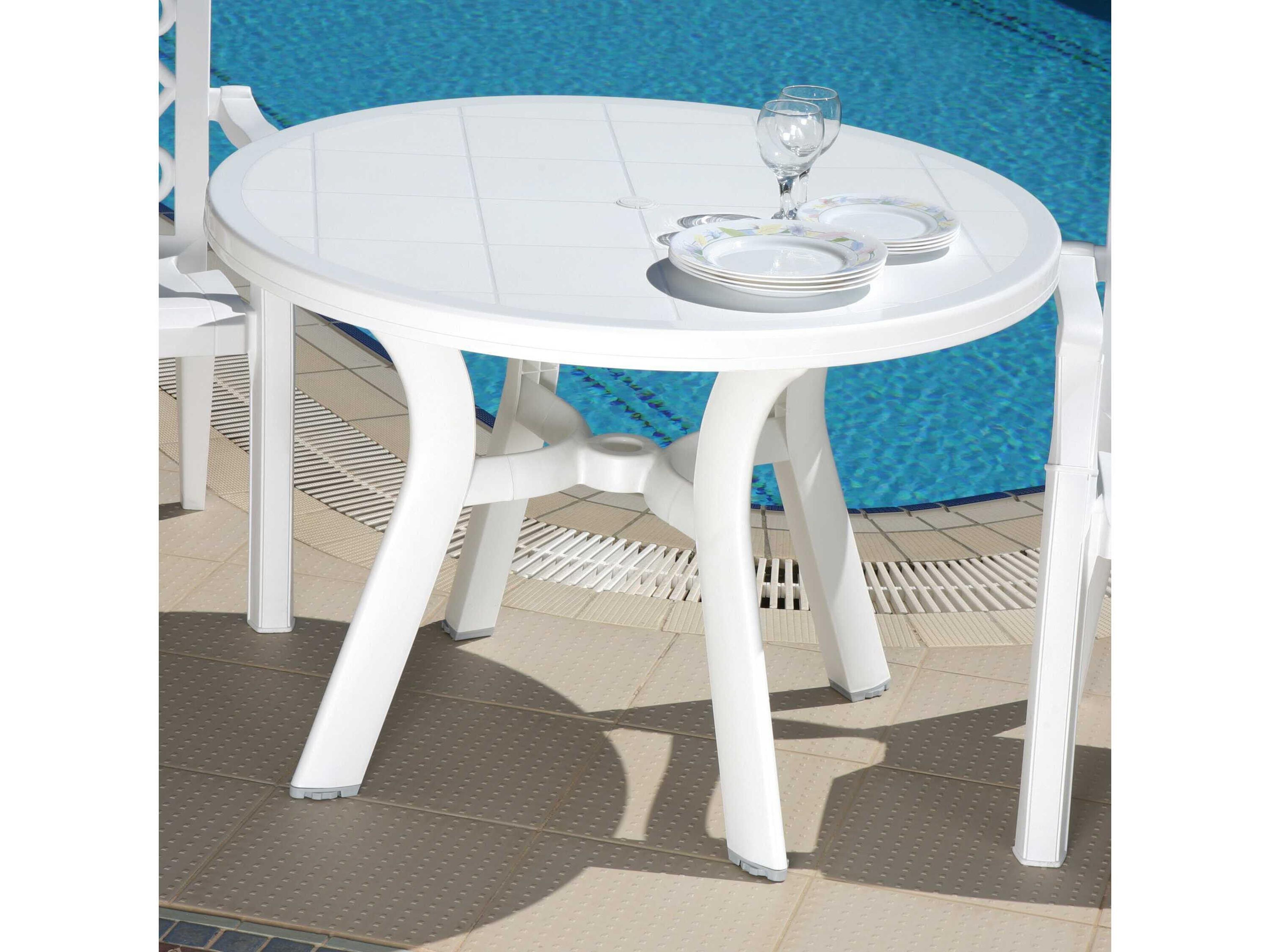 Compamia Truva White Resin Round Umbrella Hole Dining Table