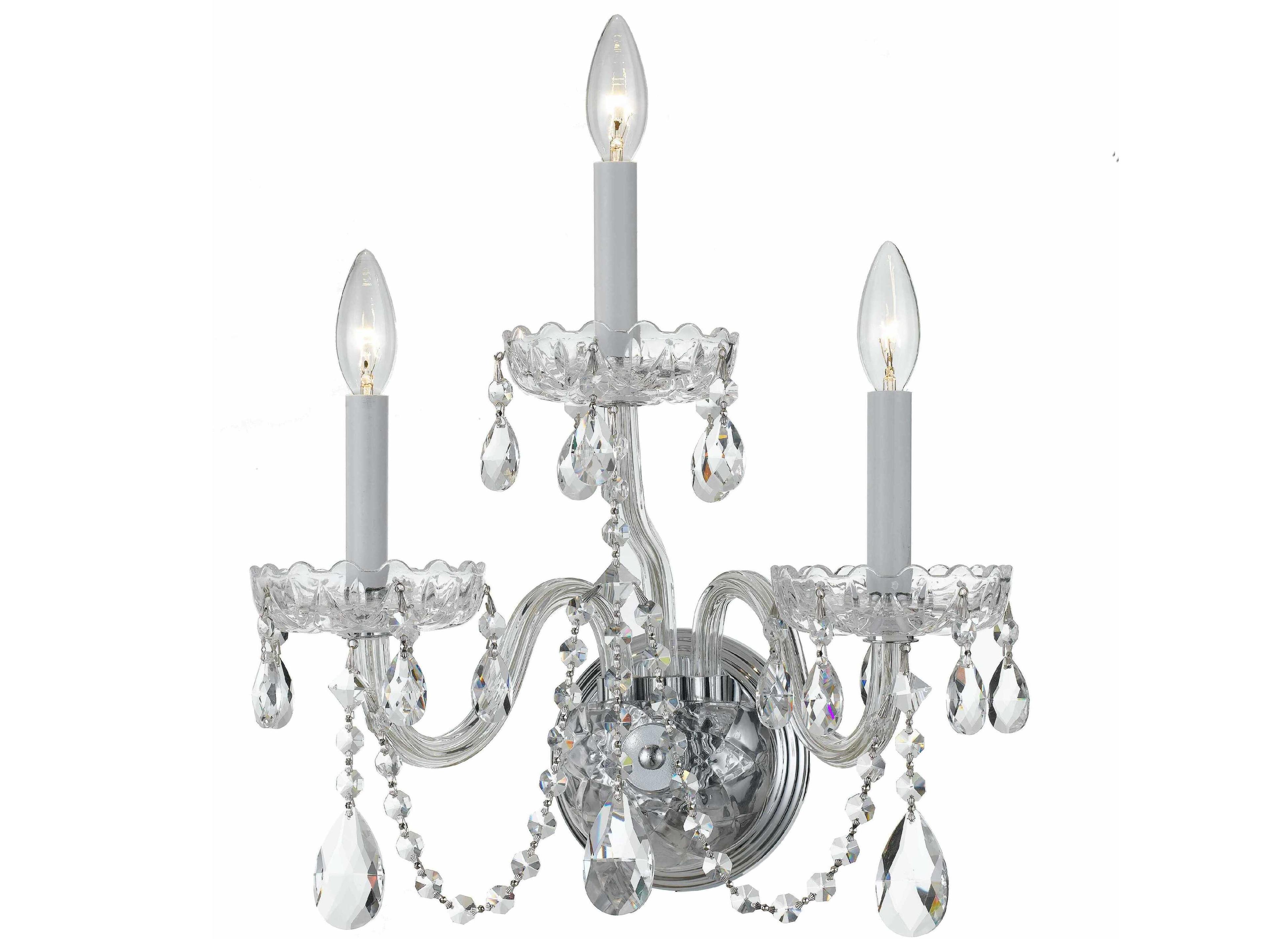Traditional Crystal 3-Light Polished Chrome Glass Wall Sconce