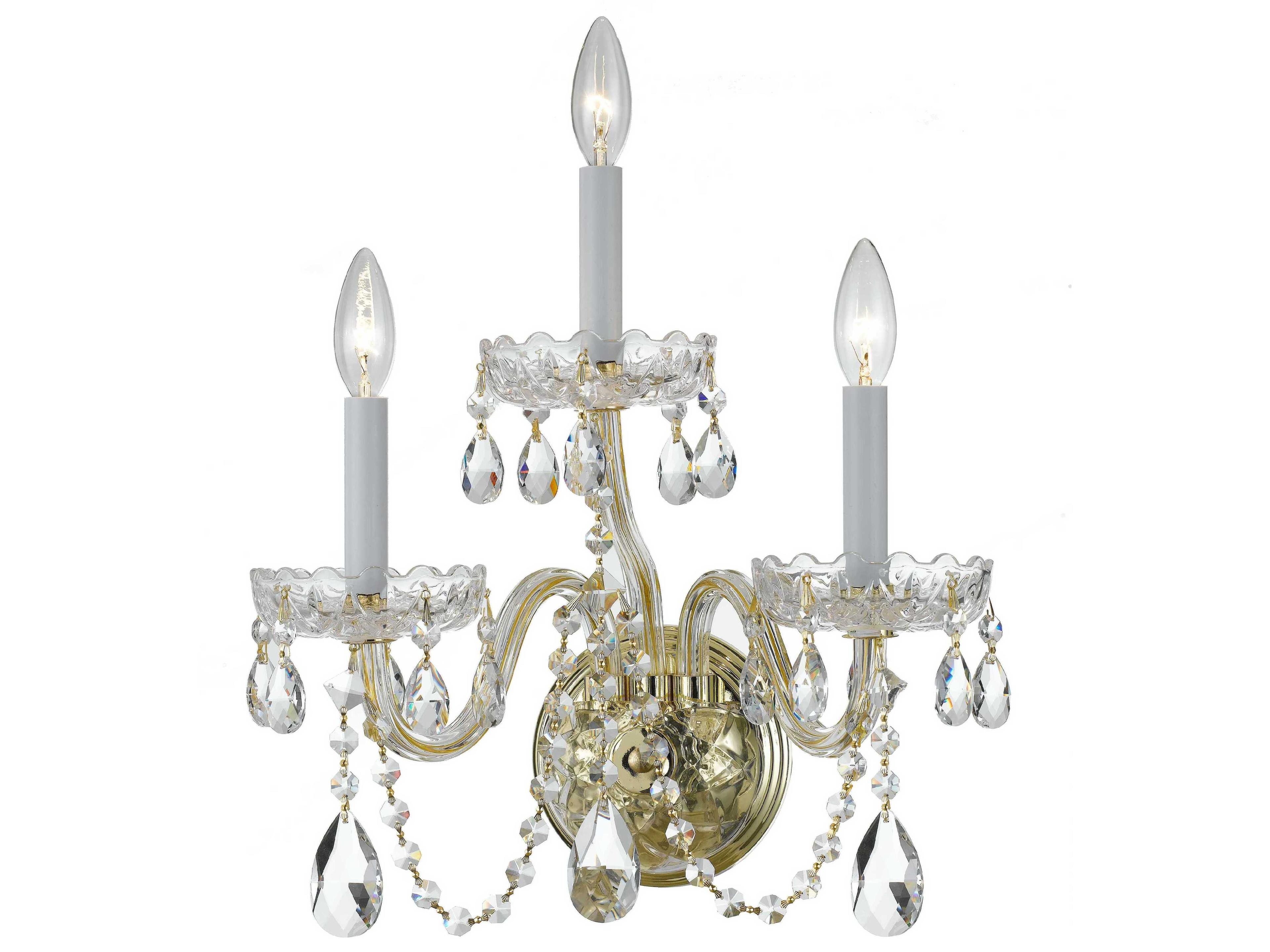 Traditional Crystal 3-Light Polished Brass Glass Wall Sconce