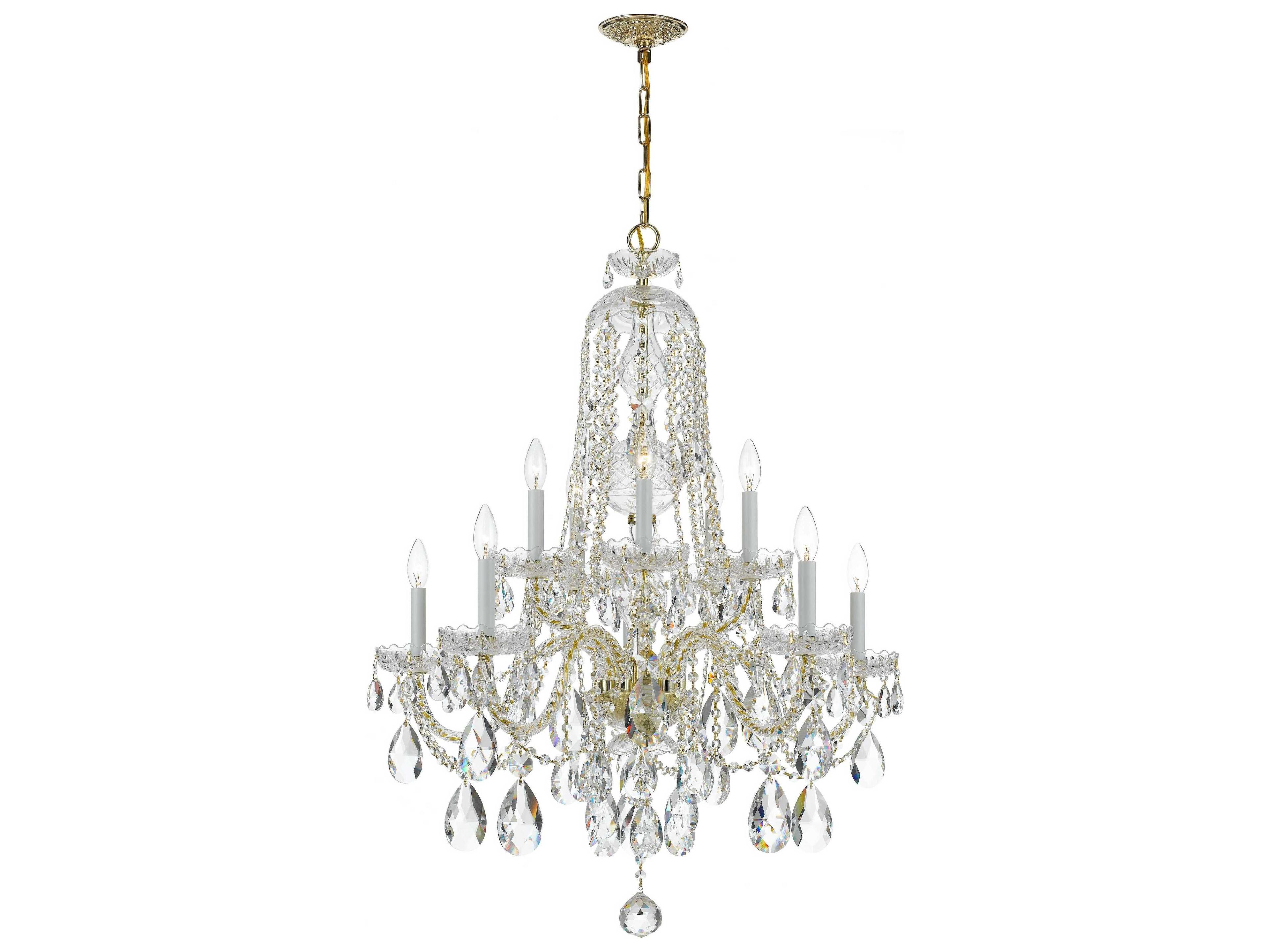 Traditional Crystal 10-Light Brass Glass Candelabra Tiered Chandelier