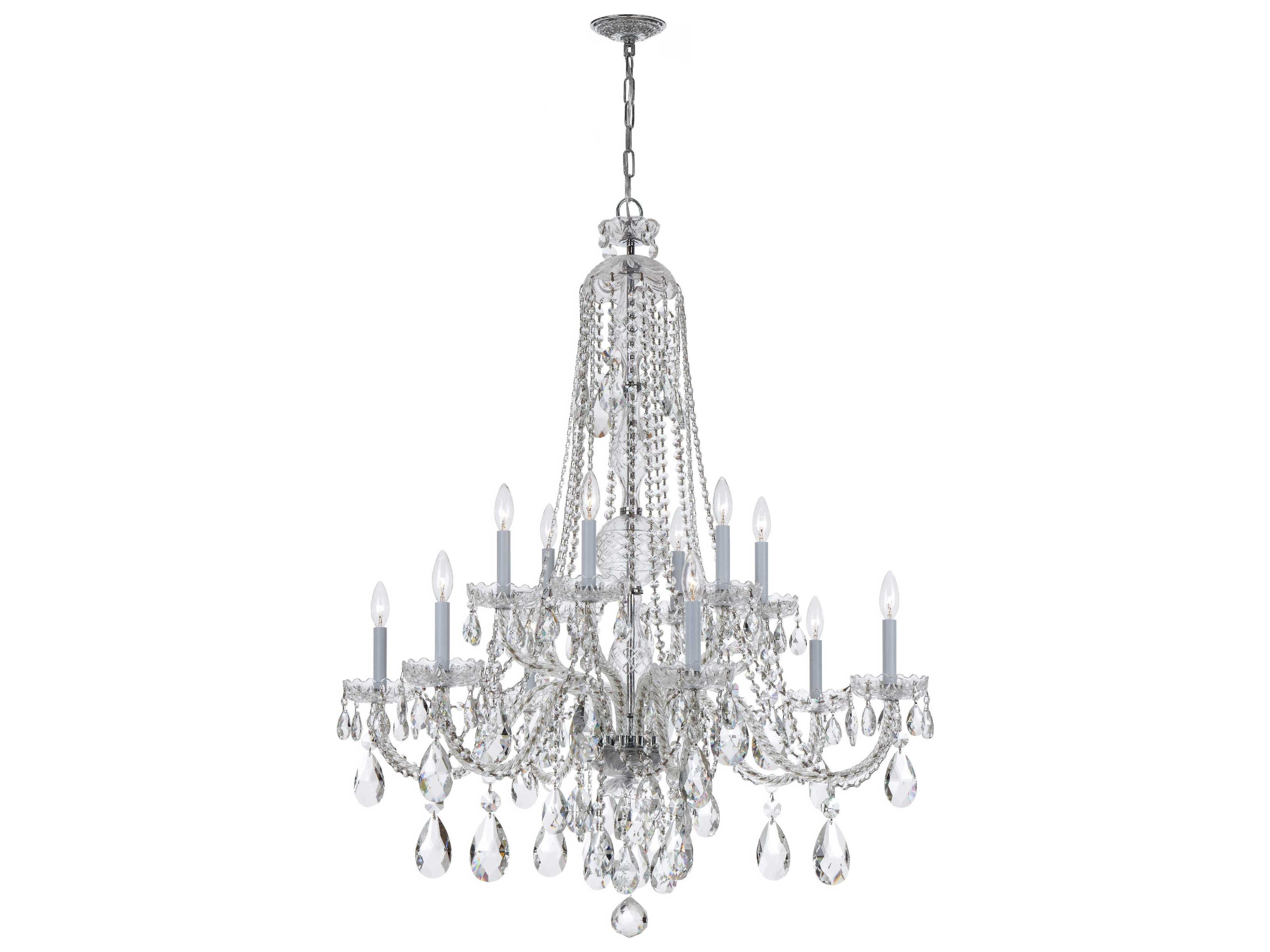 Traditional Crystal 12-Light Polished Chrome Glass Candelabra Tiered Chandelier