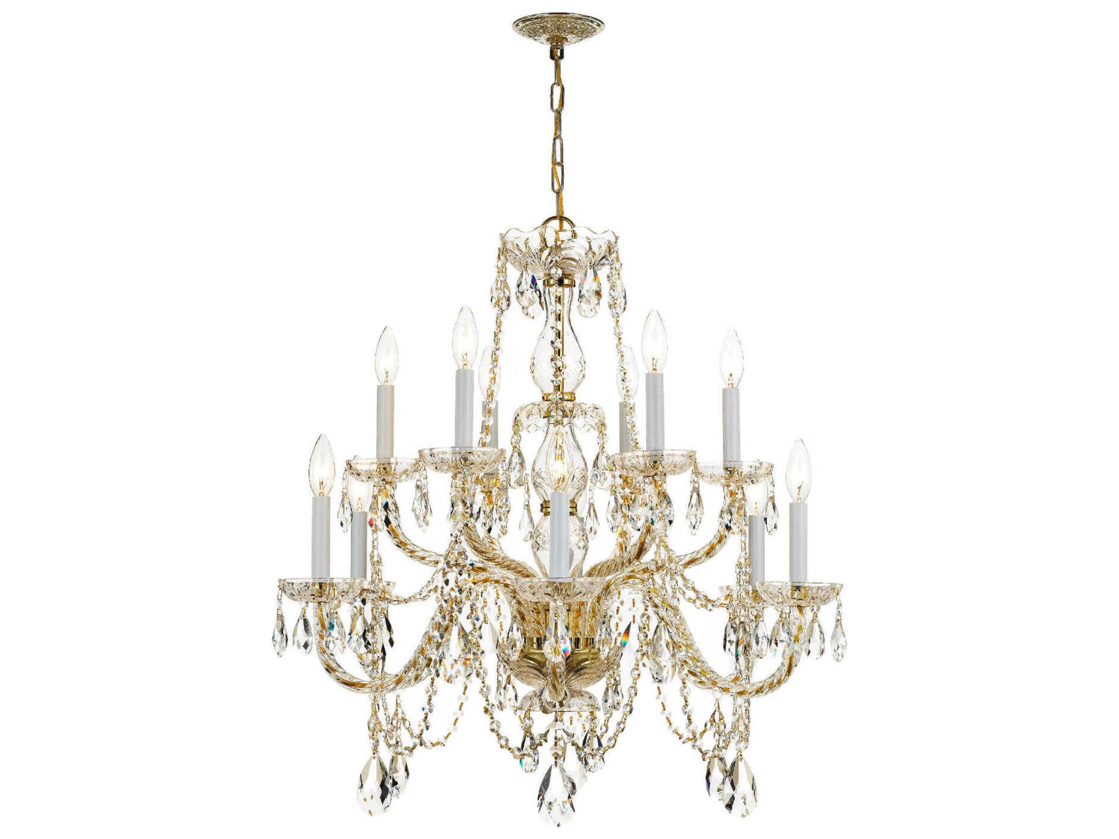 Traditional Crystal 12-Light Brass Glass Candelabra Tiered Chandelier