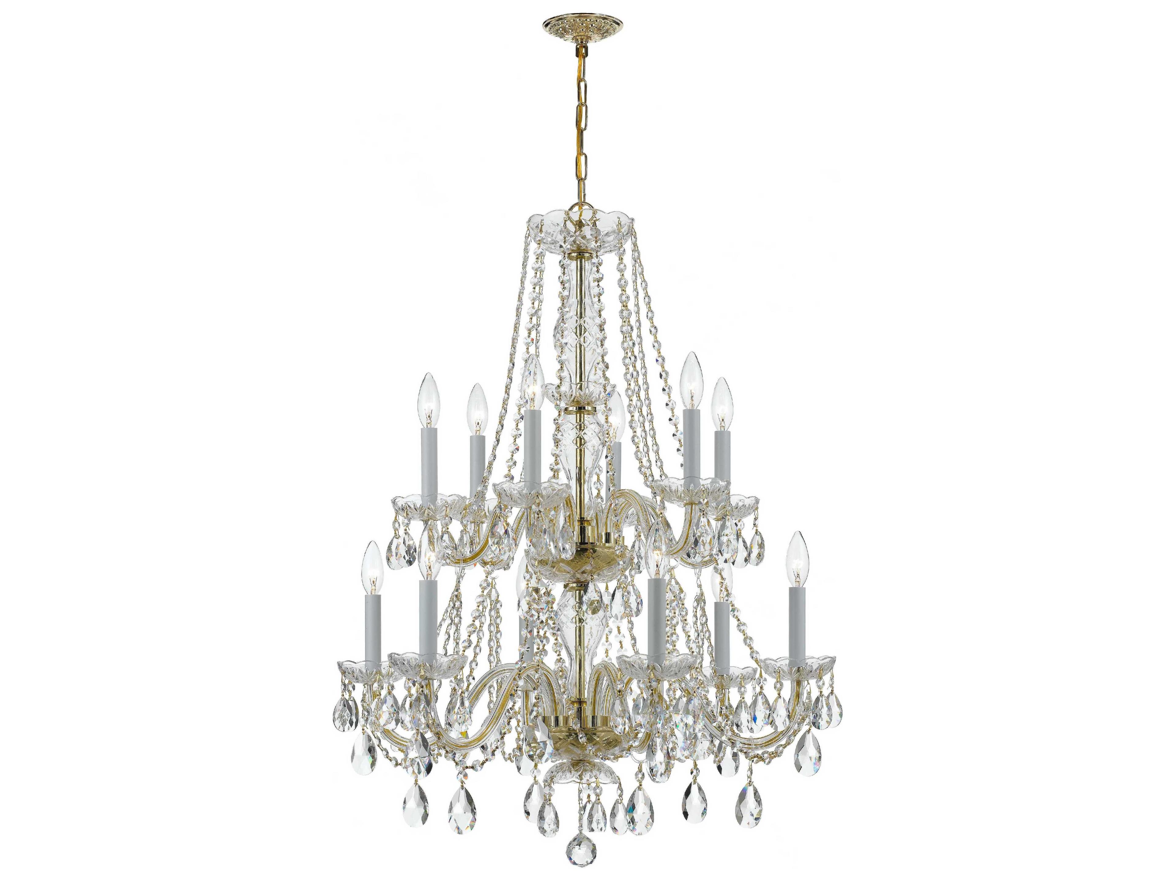 Traditional Crystal 12-Light Brass Glass Candelabra Tiered Chandelier