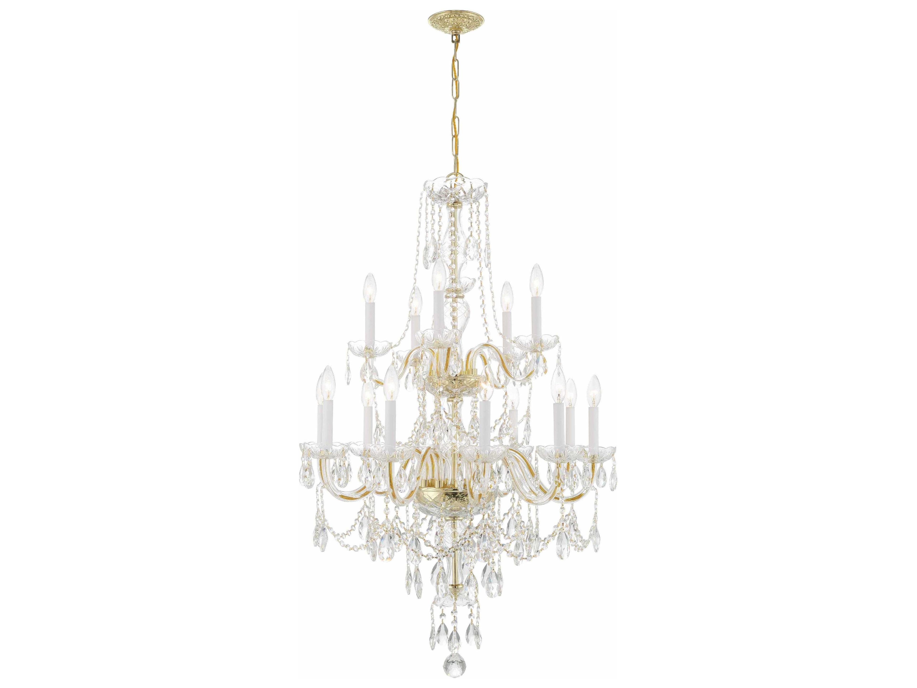 Traditional Crystal 15-Light Polished Brass Glass Candelabra Chandelier