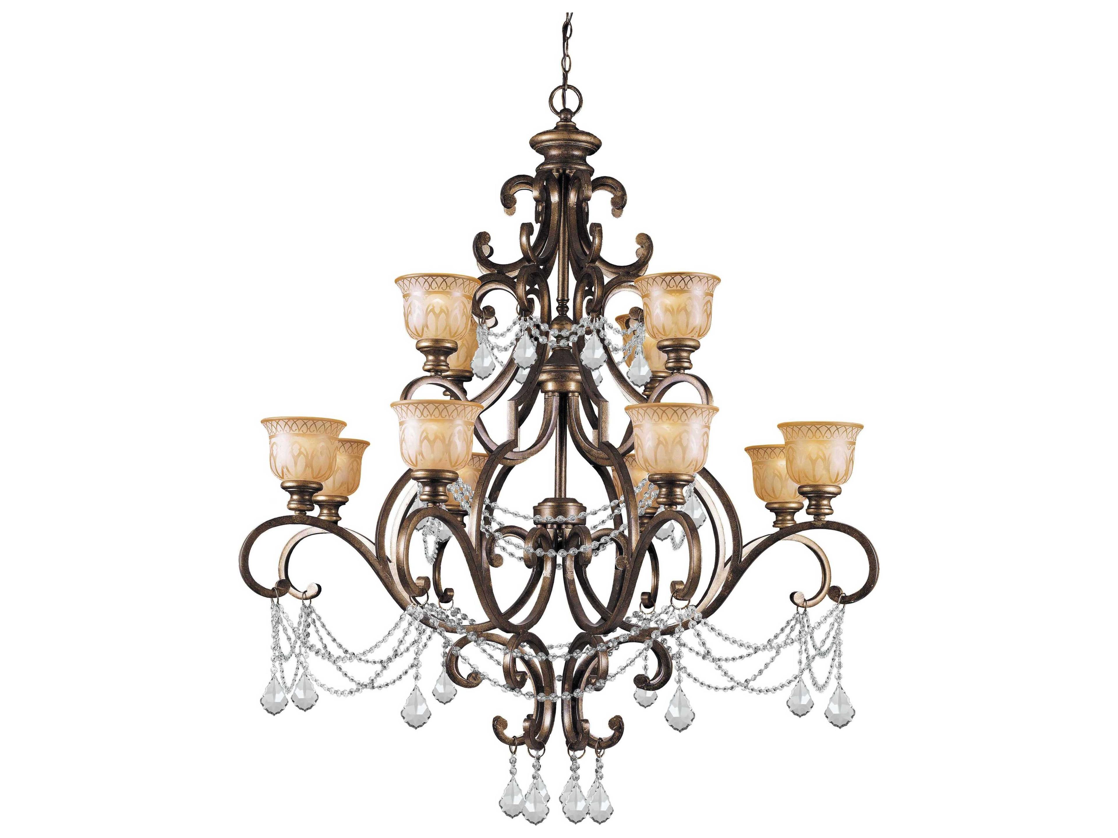 Norwalk 12-Light Bronze Umber Crystal Glass Bell Tiered Chandelier