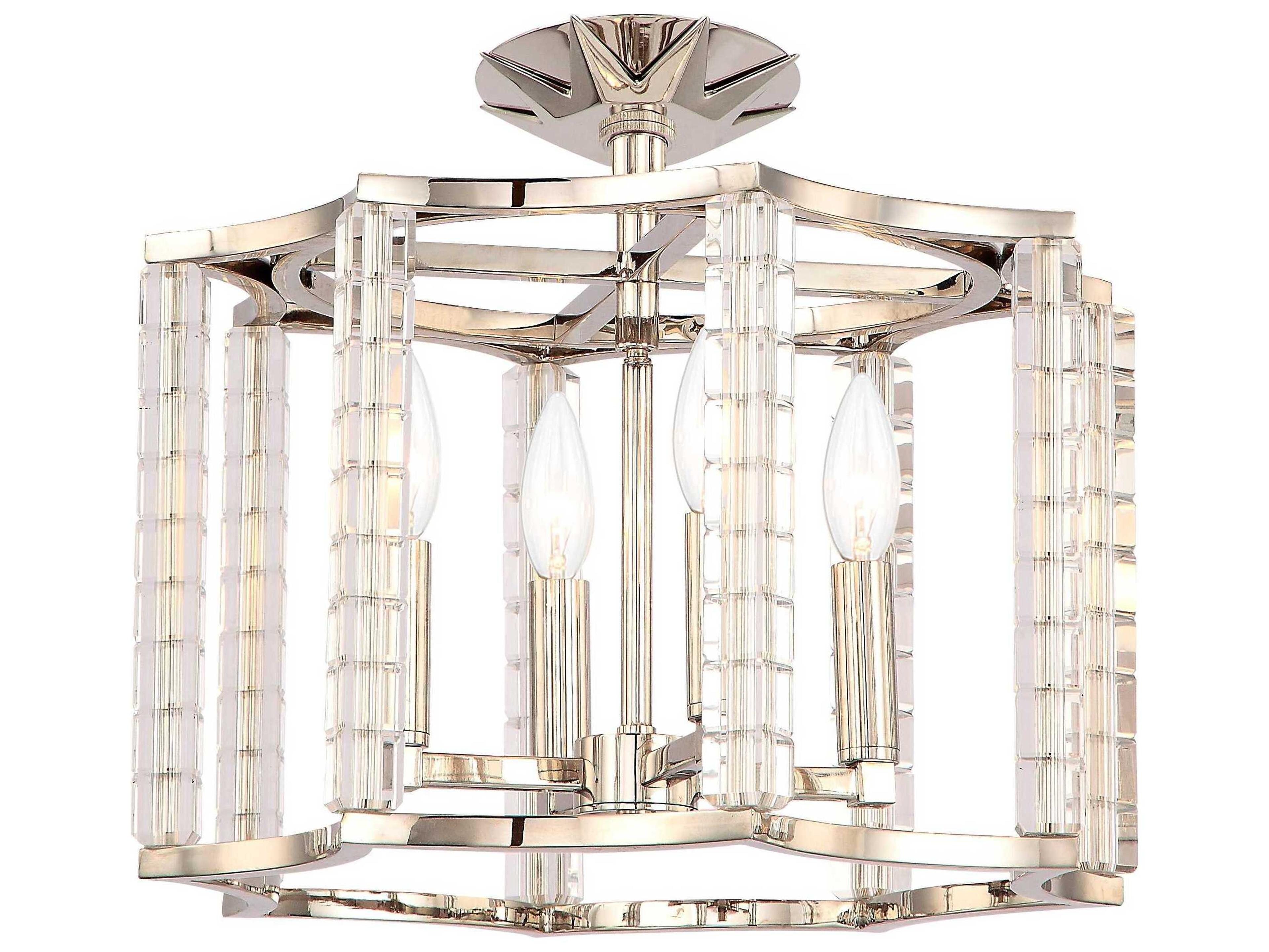Carson 4-Light Polished Nickel Crystal Geometric Semi Flush Mount