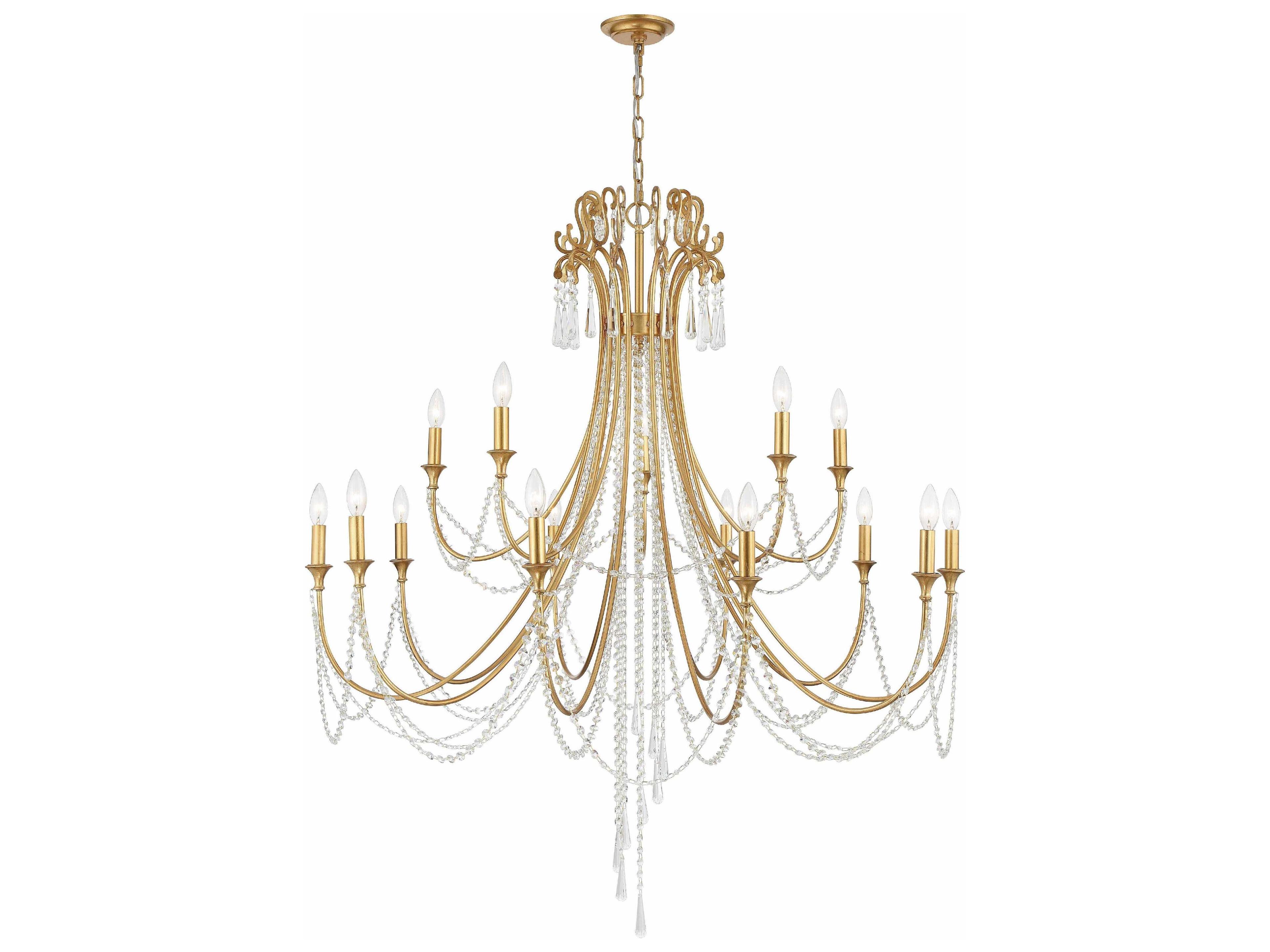 Arcadia 15-Light Antique Gold Steel Crystal Candelabra Tiered Chandelier