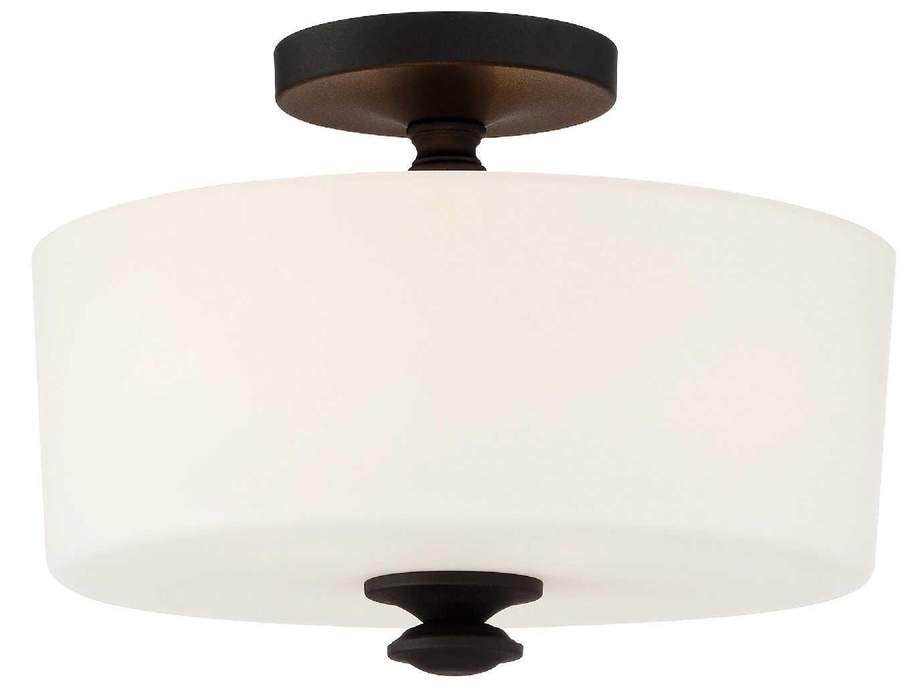 Travis 2-Light Black Forged White Glass Drum Semi Flush Mount